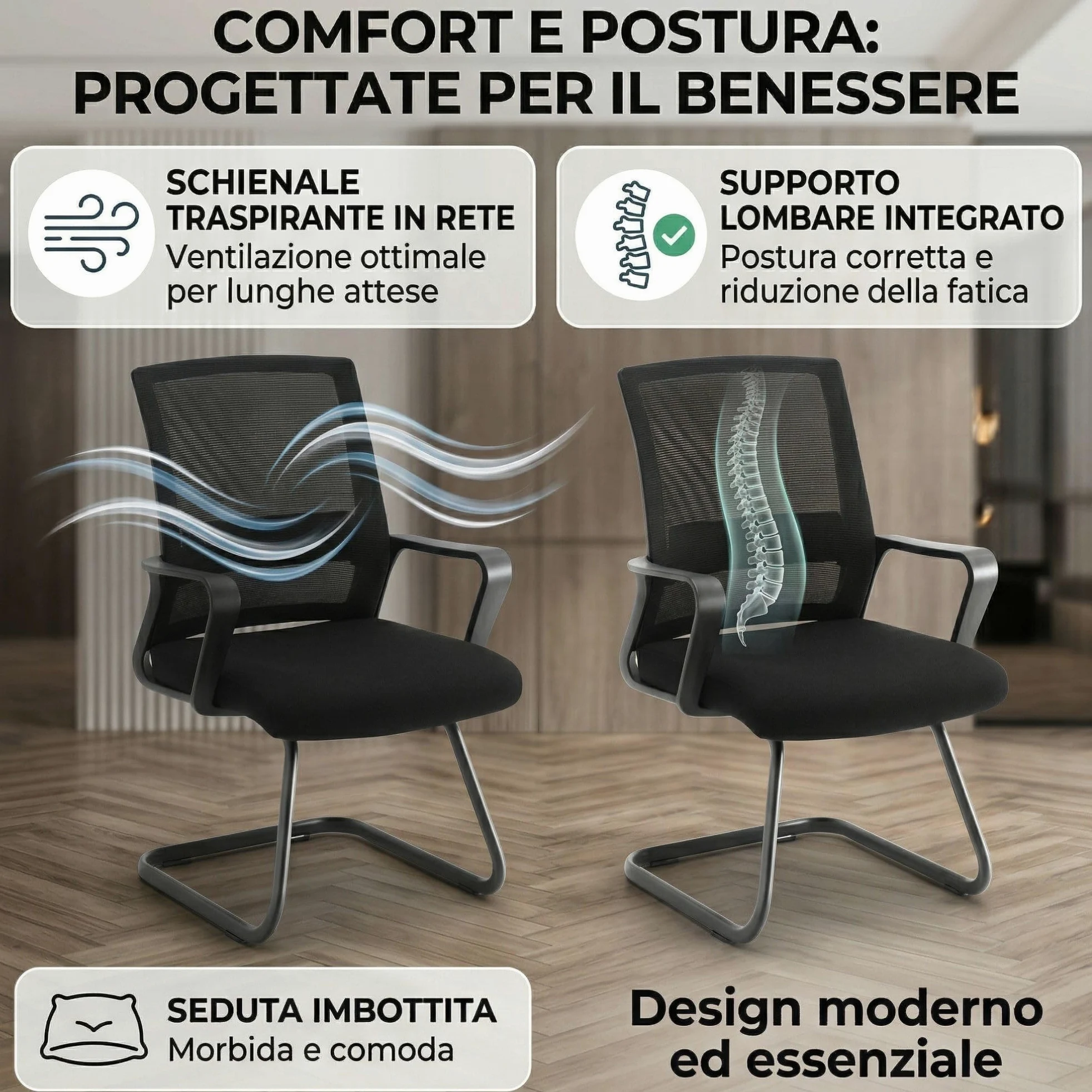 ZIK - Coppia Sedie Sala d'Attesa, Sedie con Braccioli, Comode e Traspiranti per Accogliere Ospiti e Clienti, per Sale Riunioni, Sedia Imbottita Senza Ruote, Poltroncine Sala d'Attesa per Ufficio