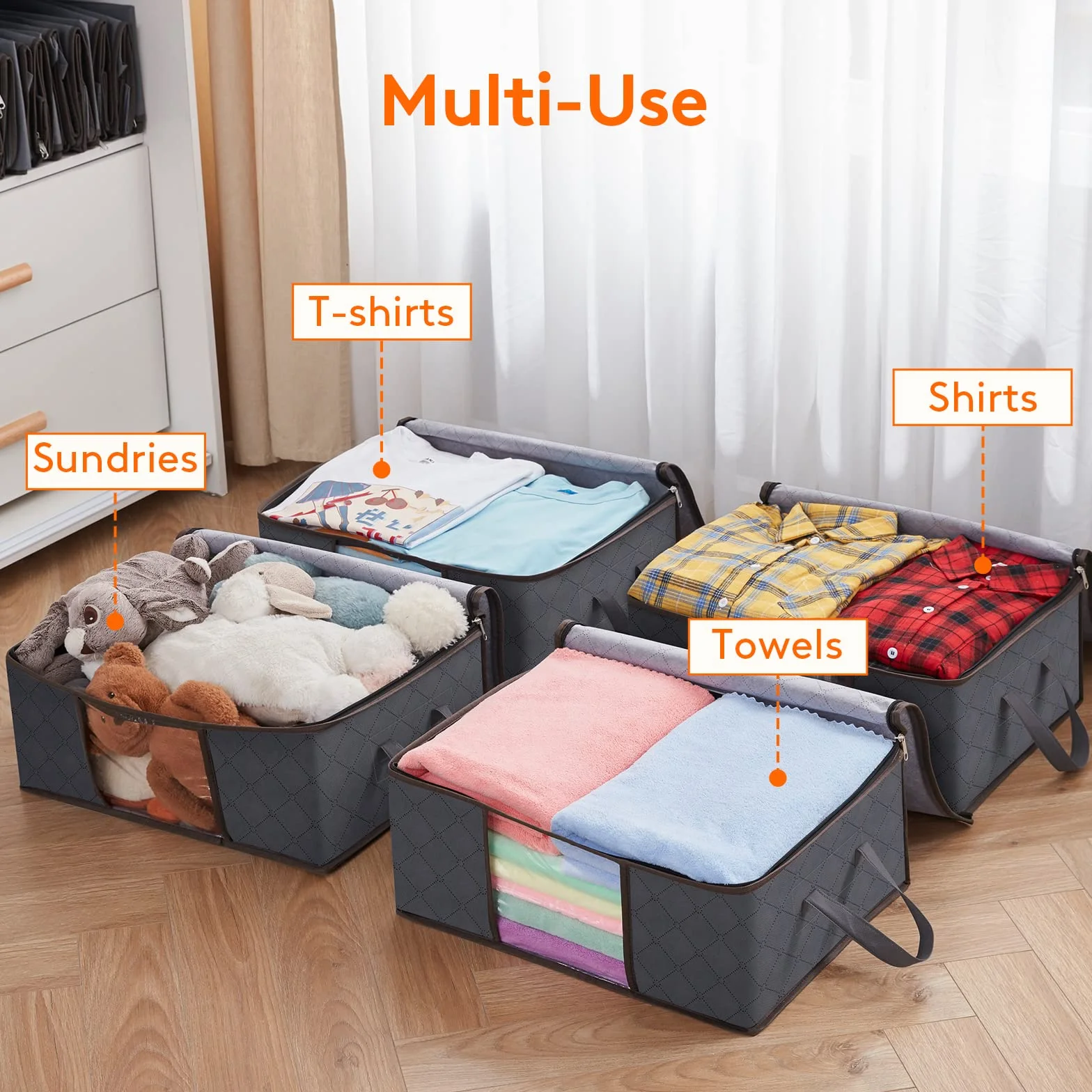 Lifewit Borsa Pieghevole per Vestiti Confezione da 4, Scatola Organizer per Stoccaggio Indumenti con Maniglia Rinforzata e Finestra Trasparente per Asciugamani, Maglioni, Magliette, 35L, Grigio