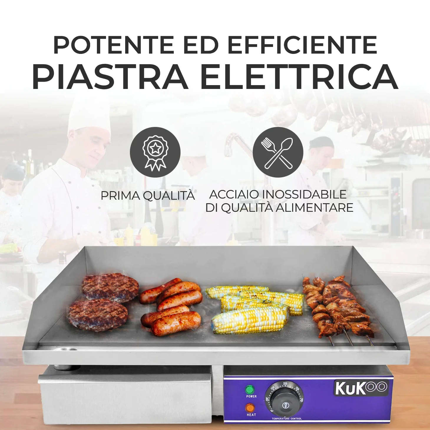 Kukoo - Piastra Elettrica da Cucina in Acciaio Inossidabile Griglia Professionale Liscia Bistecchiera da Bar Ristorante - 50cm