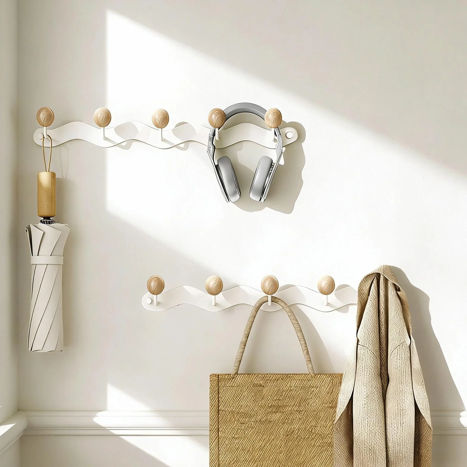 Appendiabiti da Muro 38 cm Attaccapanni Moderno 5 Ganci Legno Bianco Parete