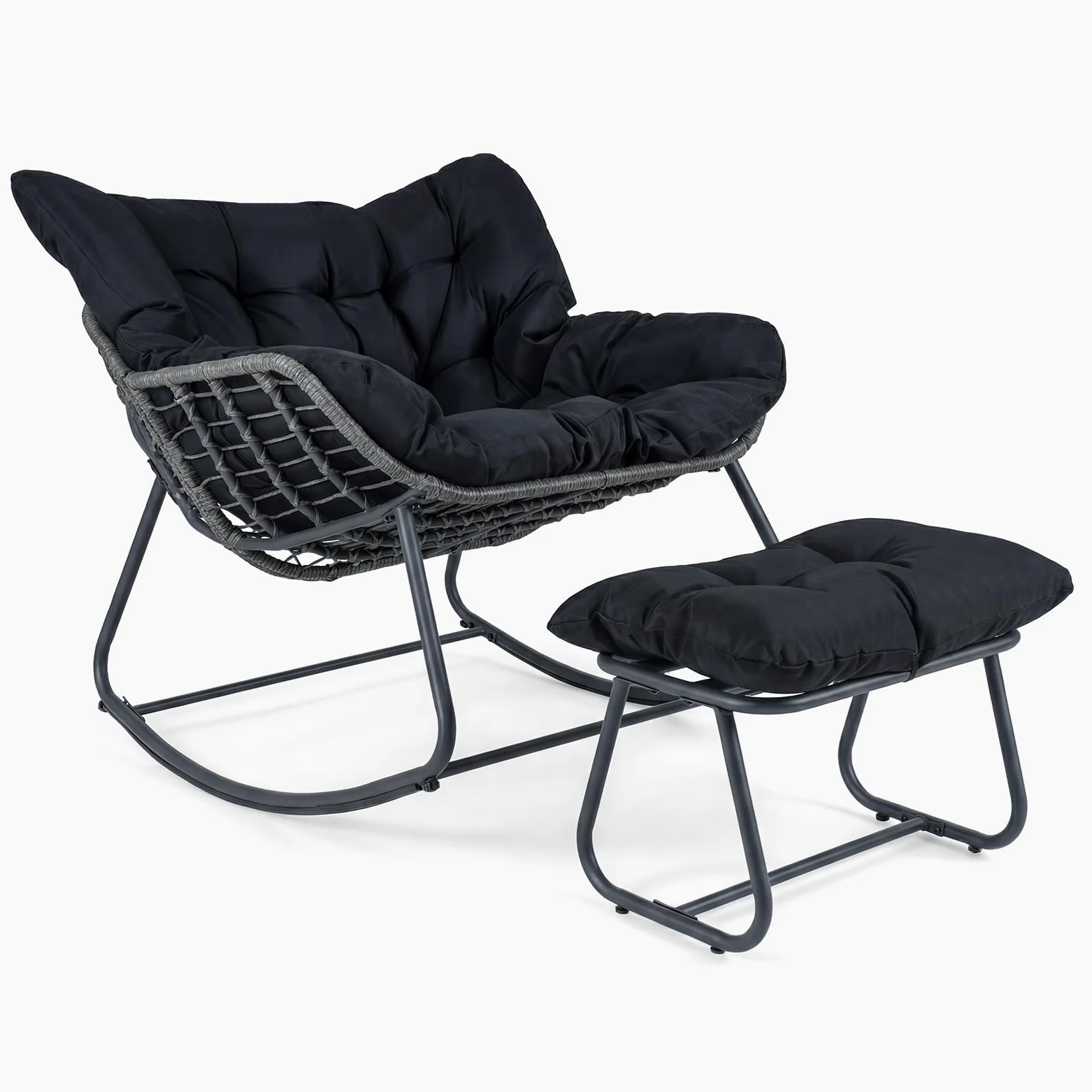 COSTWAY Sedia a Dondolo da Interno ed Esterno, Poltrona a Dondolo con Poggiapiedi e Cuscini Rimovibili, Poltrona Relax in Rattan con Telaio in Metallo per Soggiorno e Giardino, Portata 150 kg (Nero)