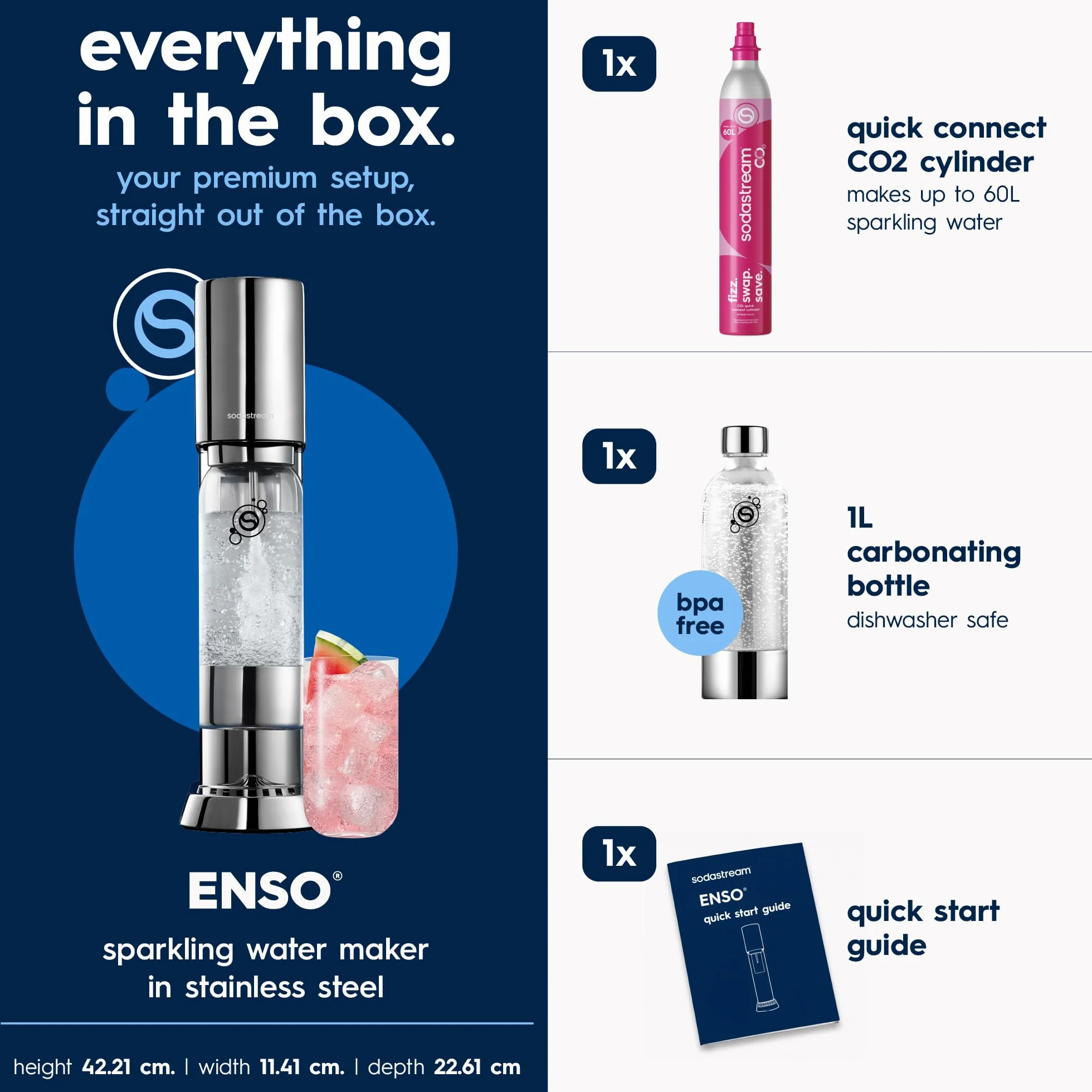 Sodastream Enso Gasatore acciaio inossidabile acqua frizzante Bombola Co2 Bottiglia 1L lavabile lavastoviglie