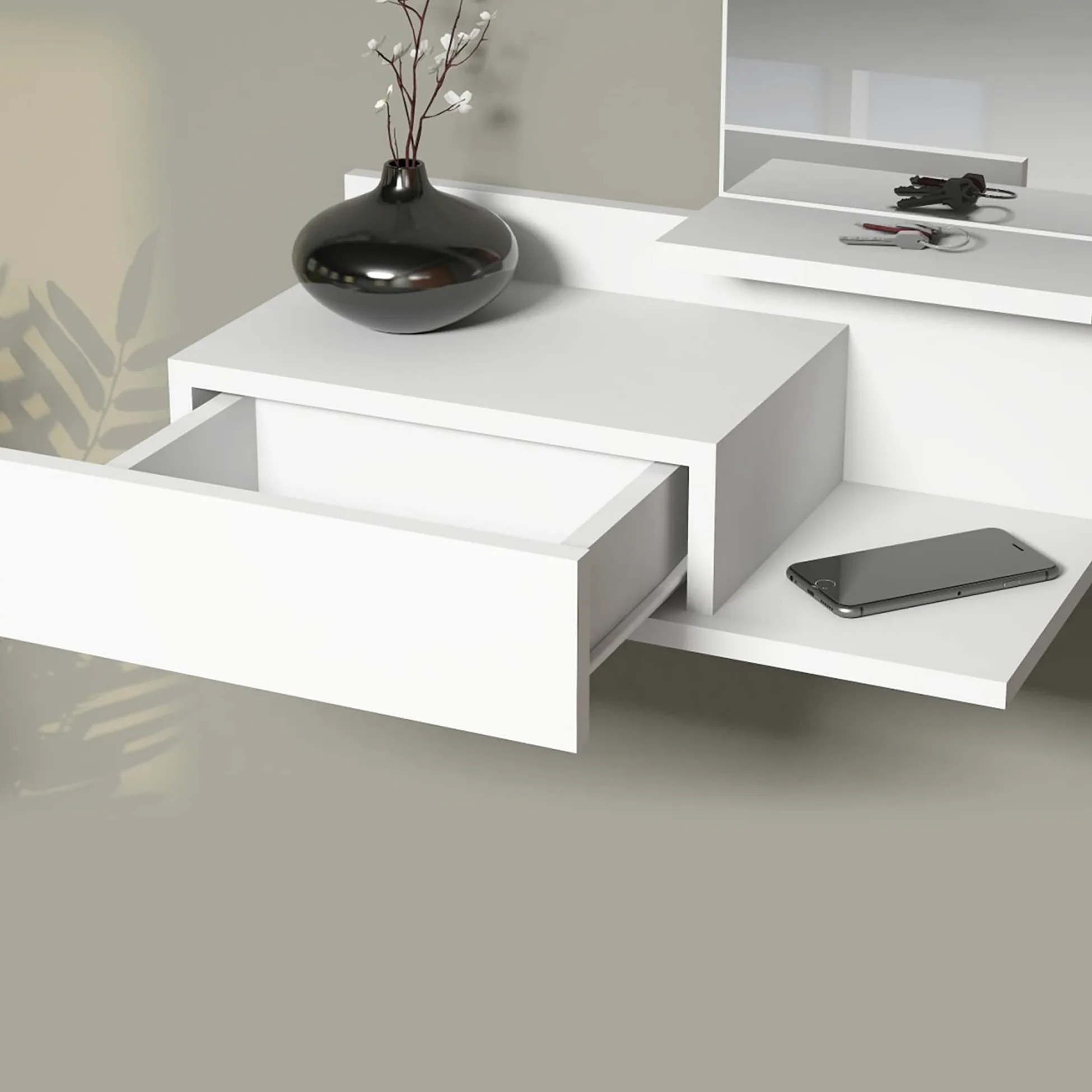 [en.casa] Mensola da Parete con Cassetto e Specchio (A x L x P) 80 x 60 x 30 cm Mobile da Ingresso - Bianco