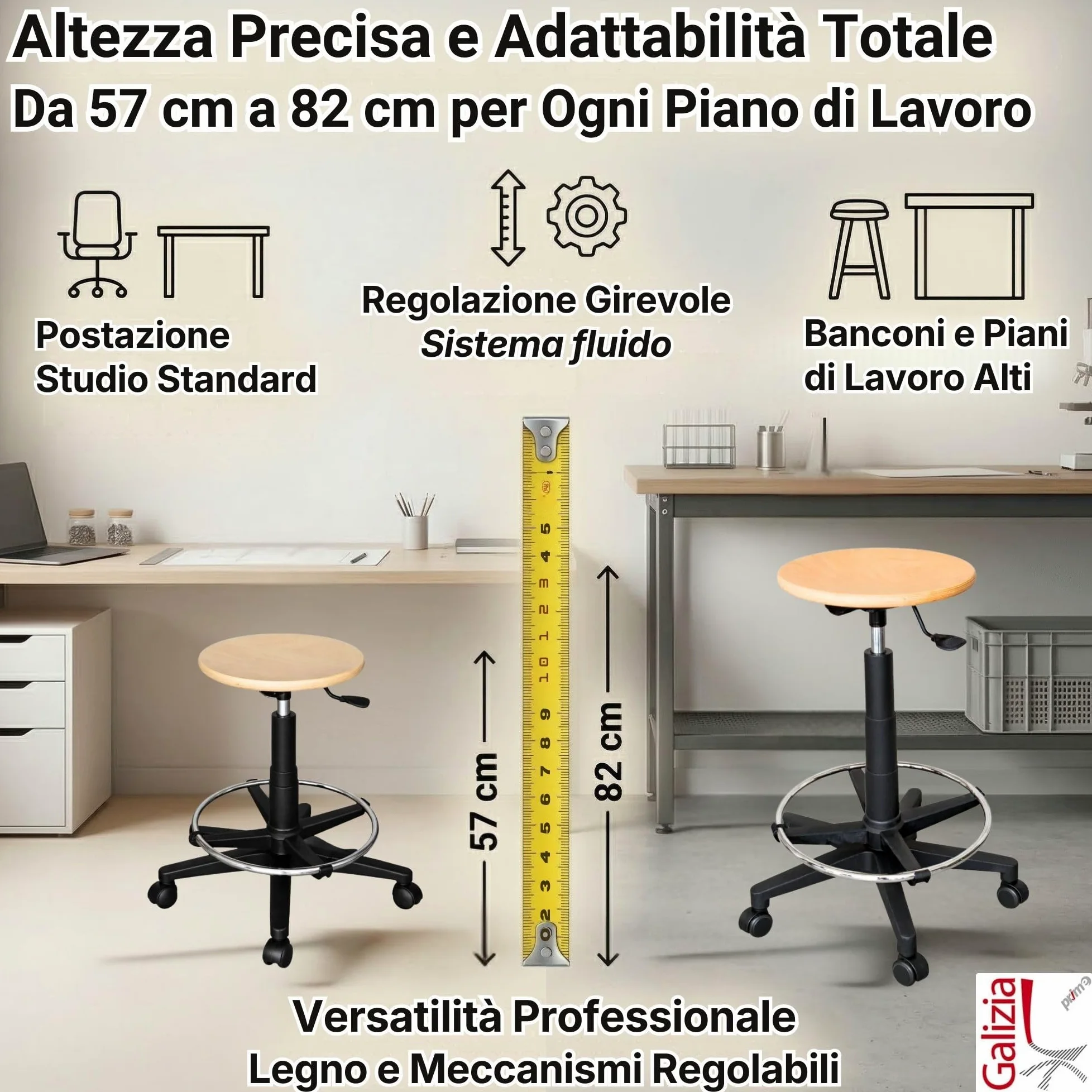 IDEALSEDIE Sgabello CON PIEDINI girevole regolabile in altezza, PUO' ESSERE RICHIESTO CON RUOTE IN FASE DI ORDINE IN ALTERNATIVA AI PIEDINI, tondello in multistrato di faggio - H Min 57Cm H Max 83 Cm