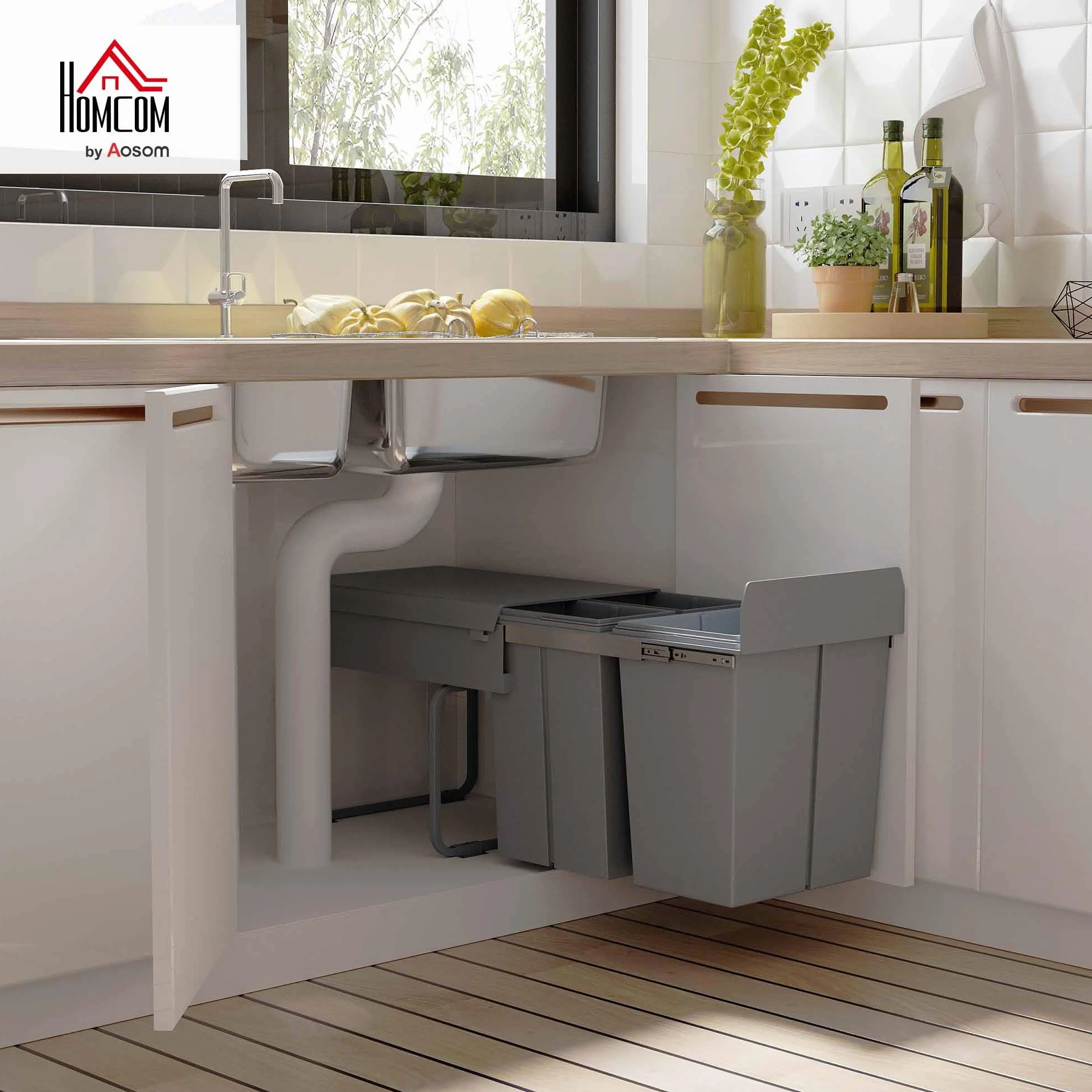 HOMCOM Pattumiera Estraibile da 40L con 3 Contenitori per Raccolta Differenziata, Cestino Spazzatura in Acciaio, ABS e PP, 48x34.2x41.8 cm, Grigio