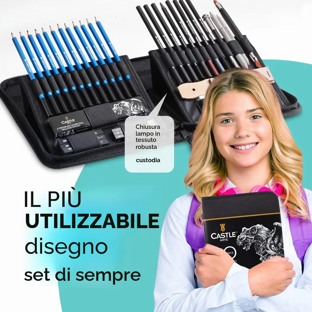 Castle Art Supplies Set 40 Pezzi per Disegno e Bozzetto Dotato di Guida | Per Artisti | Matite, Carboncini, Grafiti e Molto Altro | Con Custodia Cernierata di Trasporto