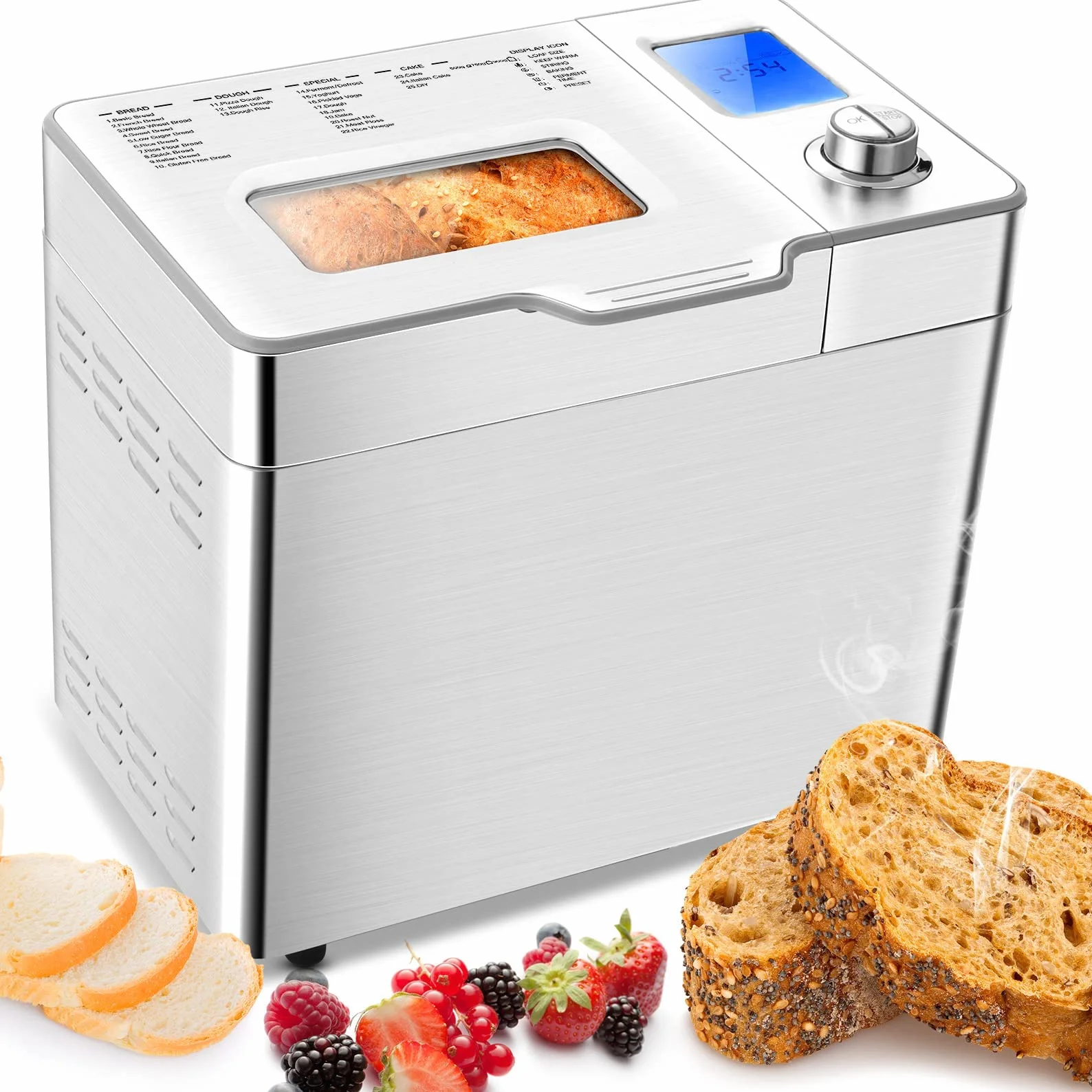 Macchina per il pane 550W, Panificatore automatico con 25 programmi, Capacità 500-1000g Argento