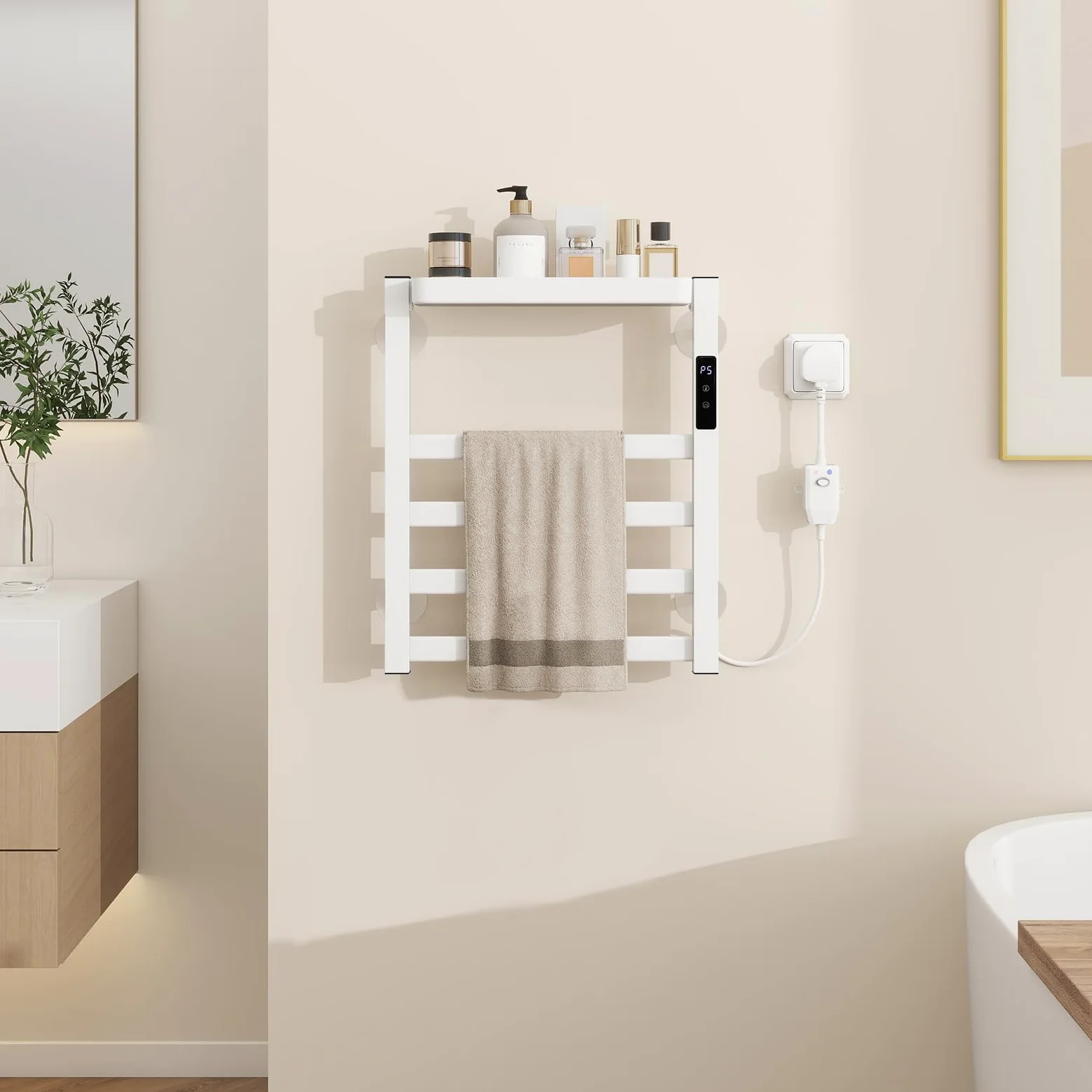 YU YUSING Scaldasalviette Elettrico Bagno 47x40x11cm, Termoarredo Bagno Intelligente con Un Ripiano, Asciugamani con Radiatore da Parete, Portasciugamani, 72W, Display LED, Touch Contro, Bianco