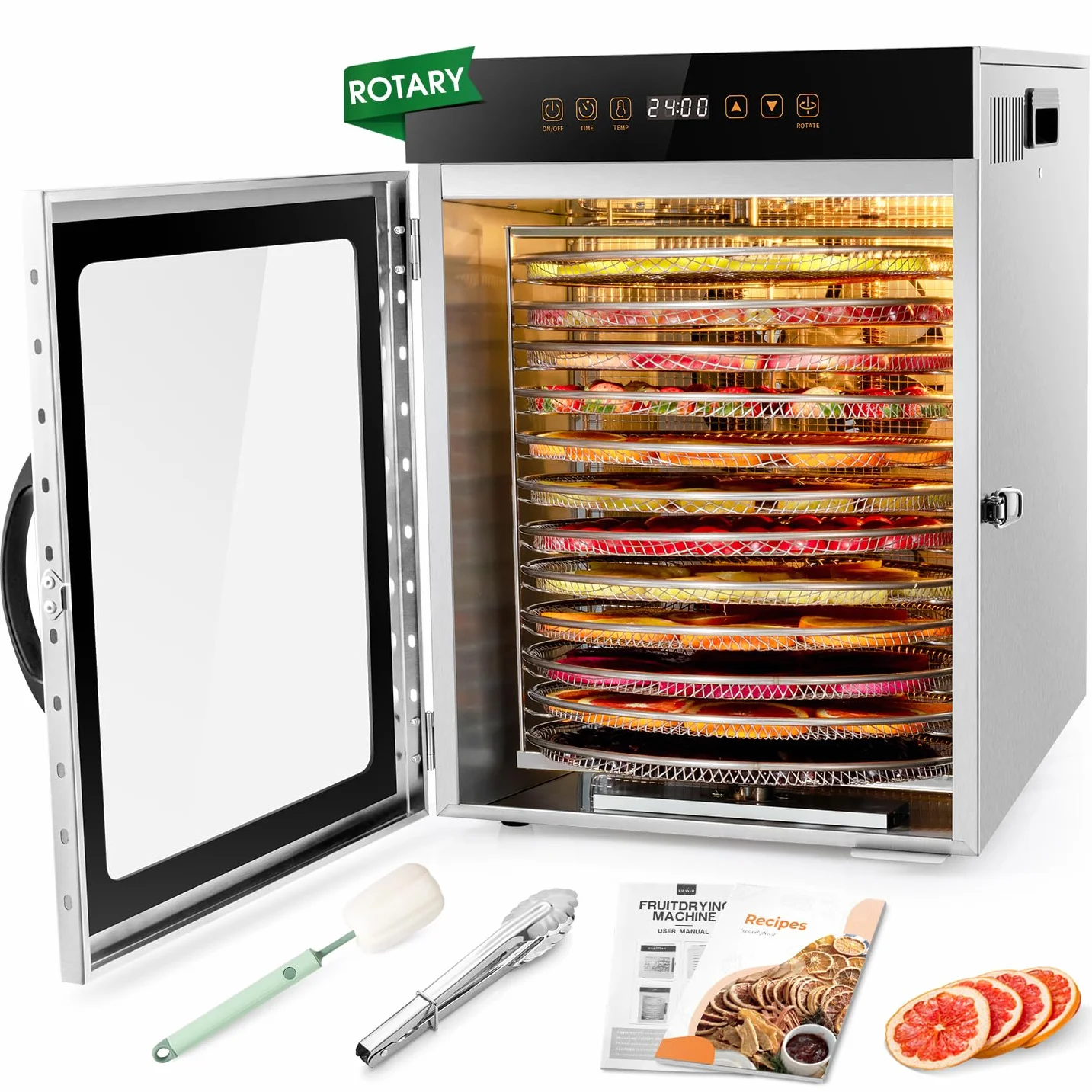 Kwasyo Essiccatore Alimentare Acciaio Inox, 1000W, 12 rotante vassoi, essiccatura automatica, 67 Ricette Gratuite, Timer 24H, Essiccatore Multiuso, Vassoi Lavabili in Lavastoviglie