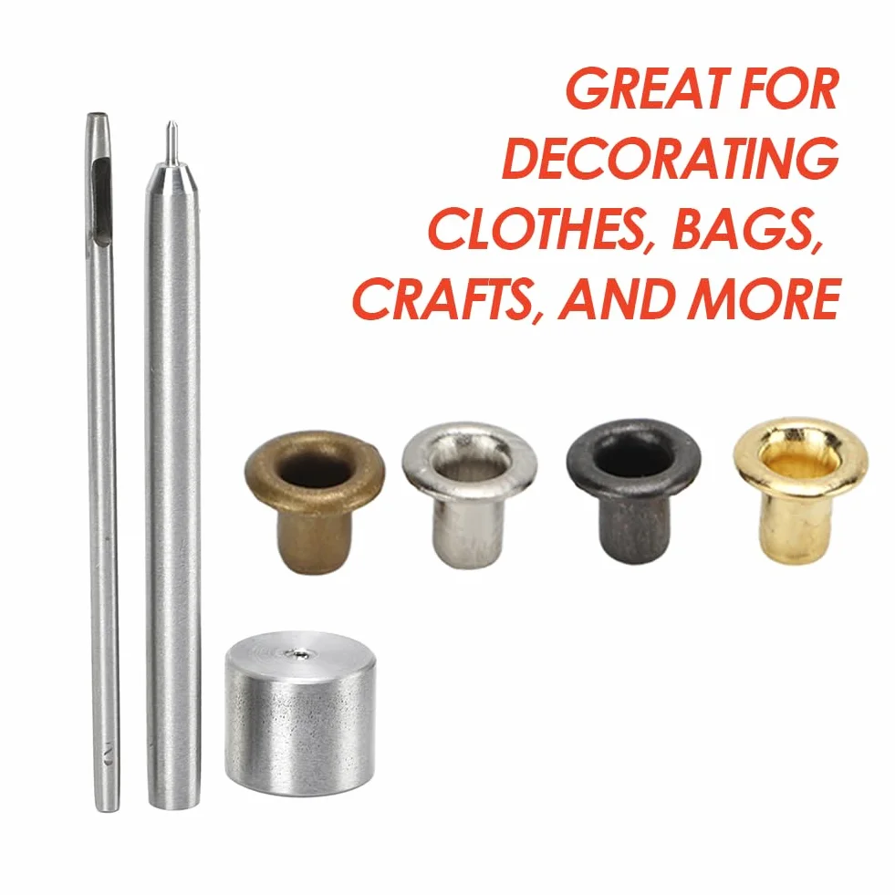 Kit occhielli in metallo per passacavi (2 mm) in ottone/ferro – ideale per borse, scarpe, abbigliamento e pelle; include punzoni e scatola pratica.