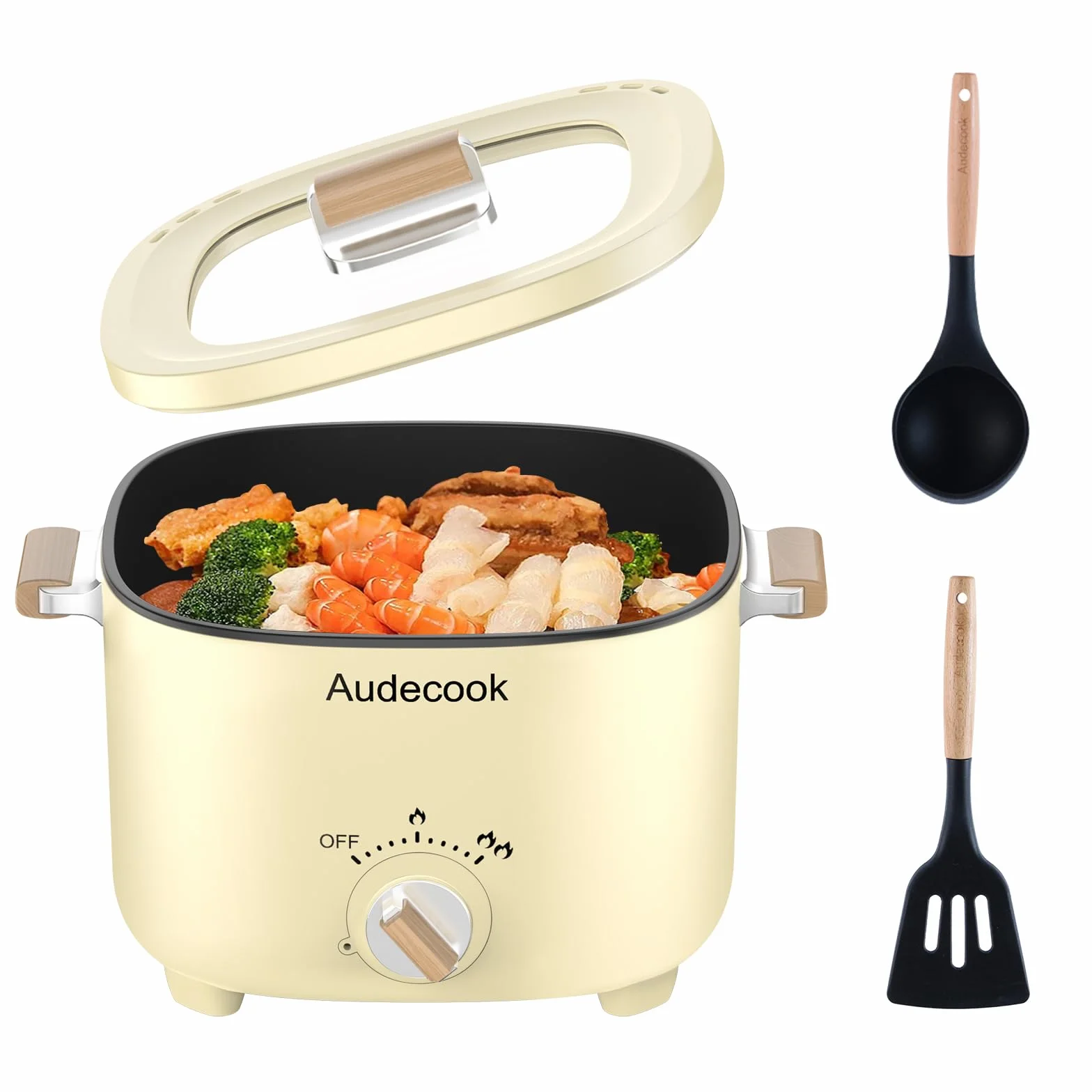 Audecook Mini Hot Pot Elettrica 2.5L Antiaderente Pentola Elettrica 1-3 Persone Beige