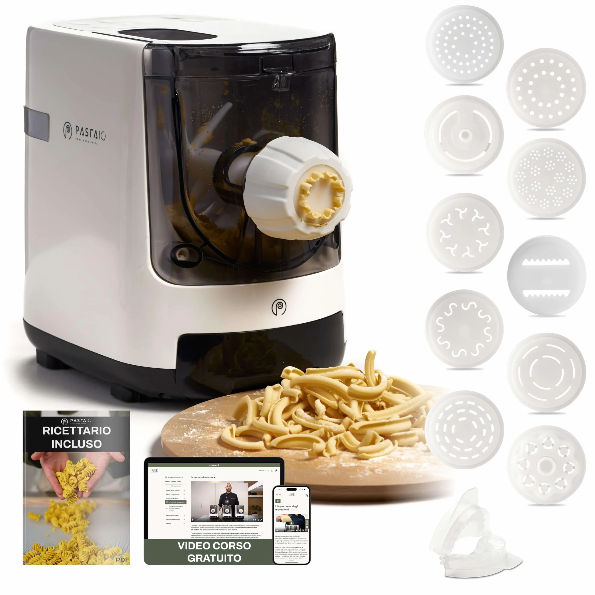 CLASSE ITALY PASTAIO Macchina per la Pasta con 11 trafile, bilancia integrata, 800g per ciclo, 15 tipi di pasta, 5 anni garanzia