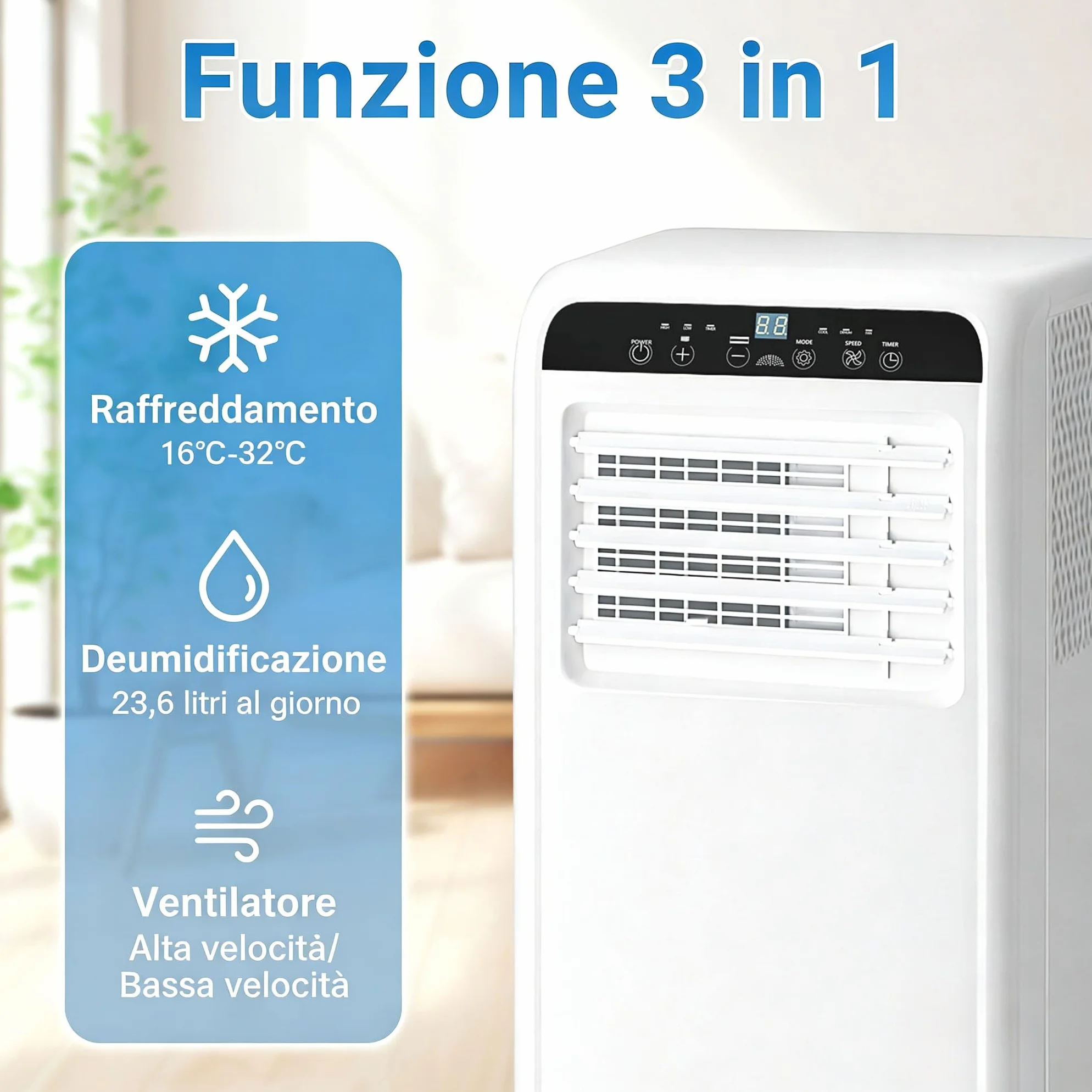 Climatizzatore portatile 9000 BTU 3-in-1 fino a 35 m²: raffreddamento, ventilazione e deumidificazione. Con telecomando, kit installazione, timer 24h e funzionamento silenzioso
