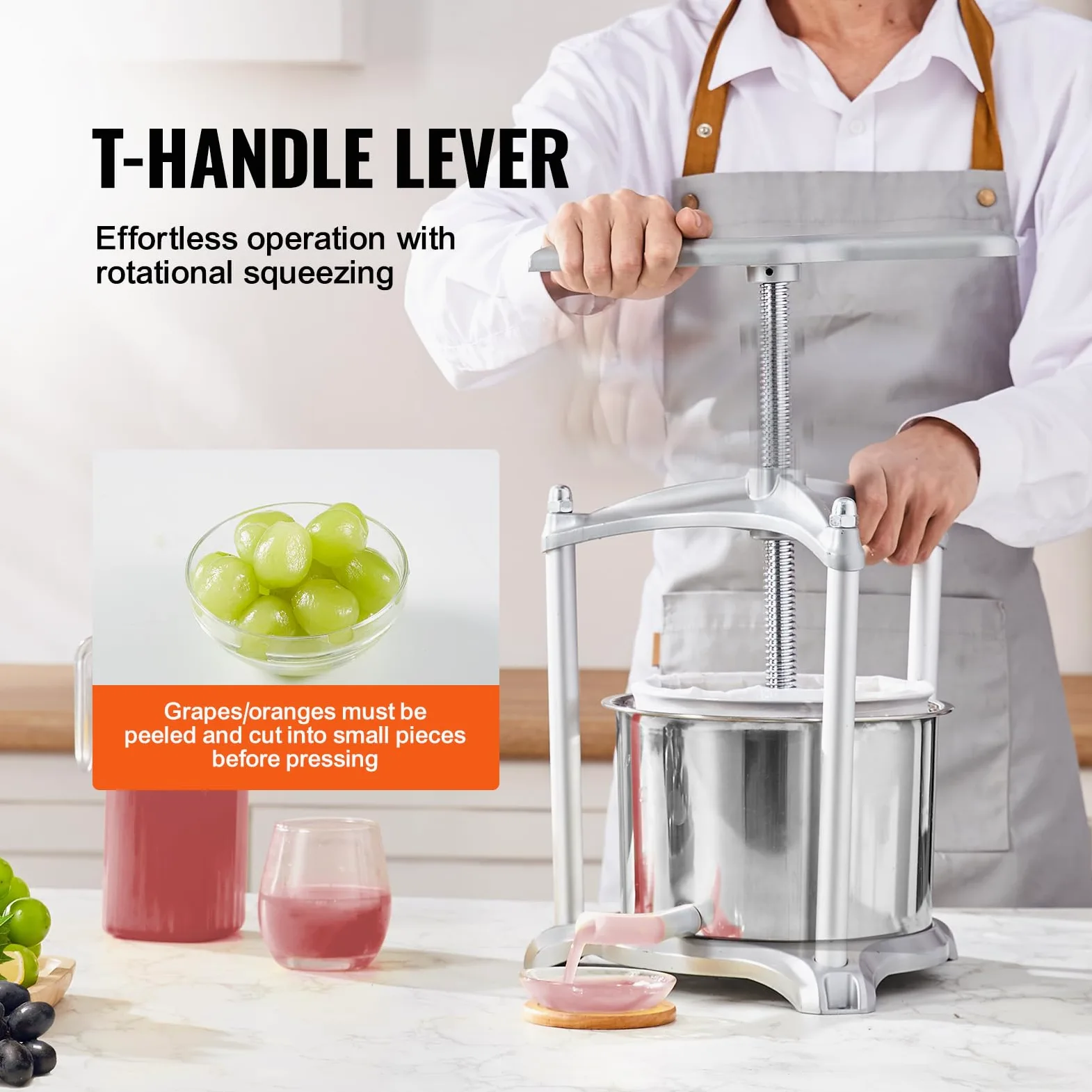 VEVOR Spremiagrumi per vino frutta, 5,5 l, 2 fusti in acciaio inox, macchina per succo manuale, sidro, mela, uva, verdure, miele, olio d'oliva con manico a T, struttura triangolare per cucina