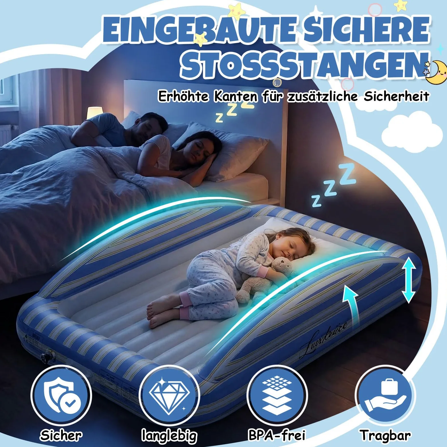 Luxchoice Materasso Gonfiabile Singolo per Bambini con Pompa Elettrica - Letto Gonfiabile con Sponde di Sicurezza Superficie Morbida Floccata Perfetto per Viaggi Campeggio e Uso Domestico