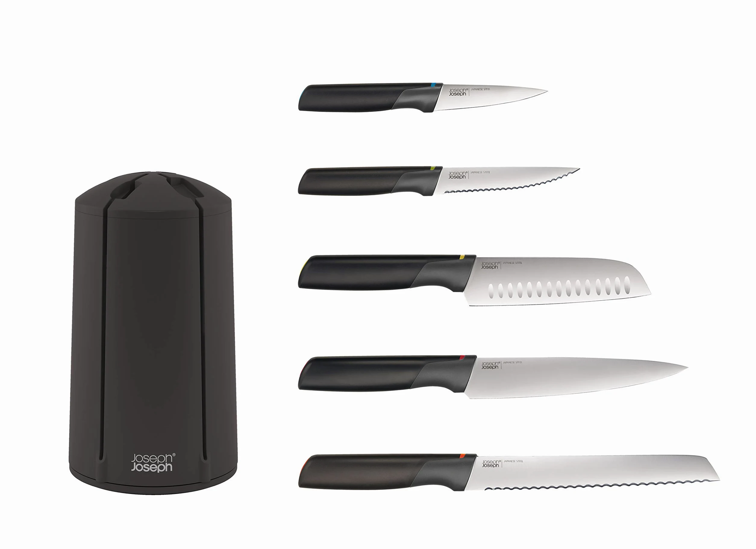 Joseph Joseph - Elevate Knives, set da 5 coltelli in acciaio inossidabile giapponese con ceppo rotante - Colore: nero