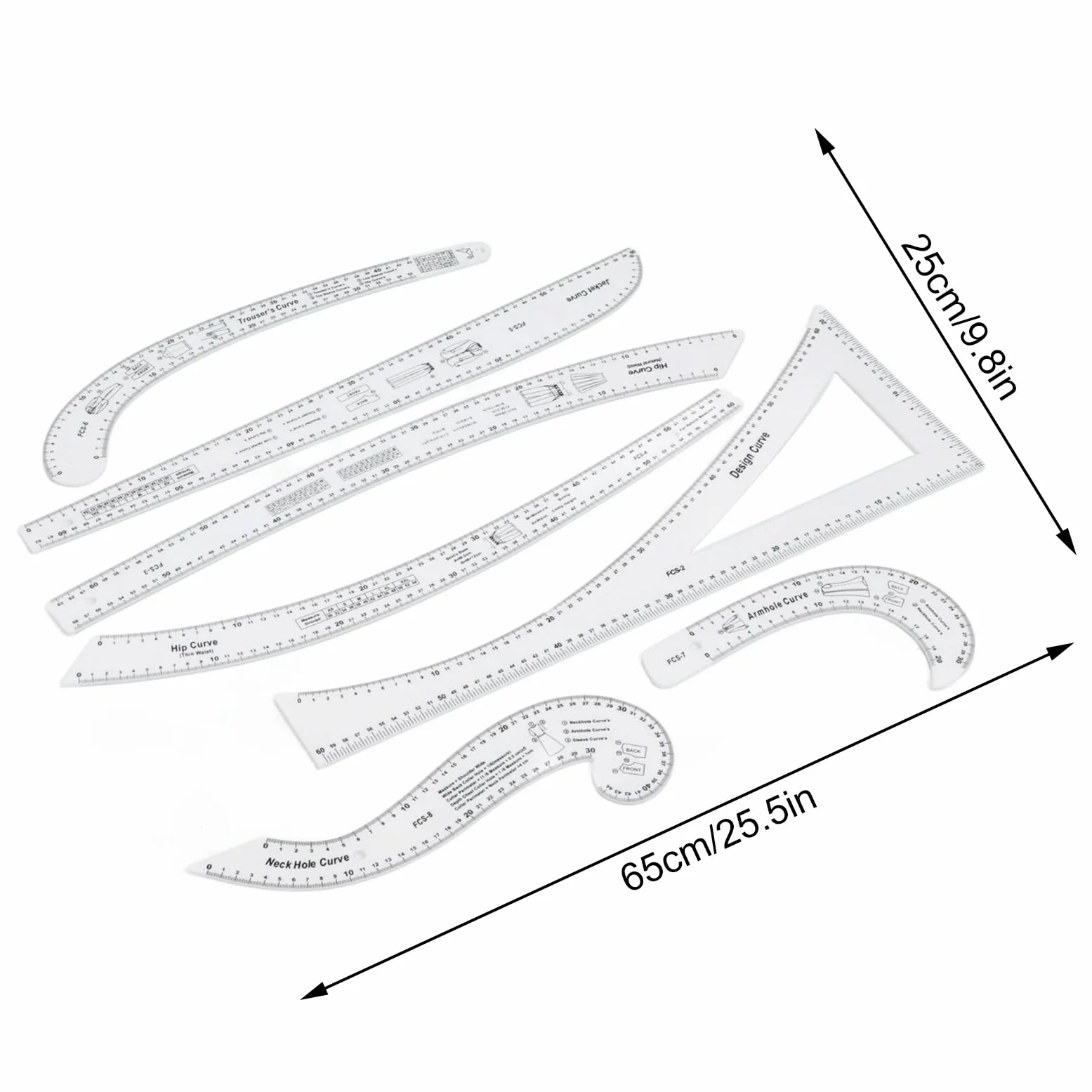 7pcs Set di righelli di Cucitura Trasparente, Righello della Curva Cucito Acrilico per la Realizzazione di Motivi, Produttore di Motivi, Modelli di Cucito