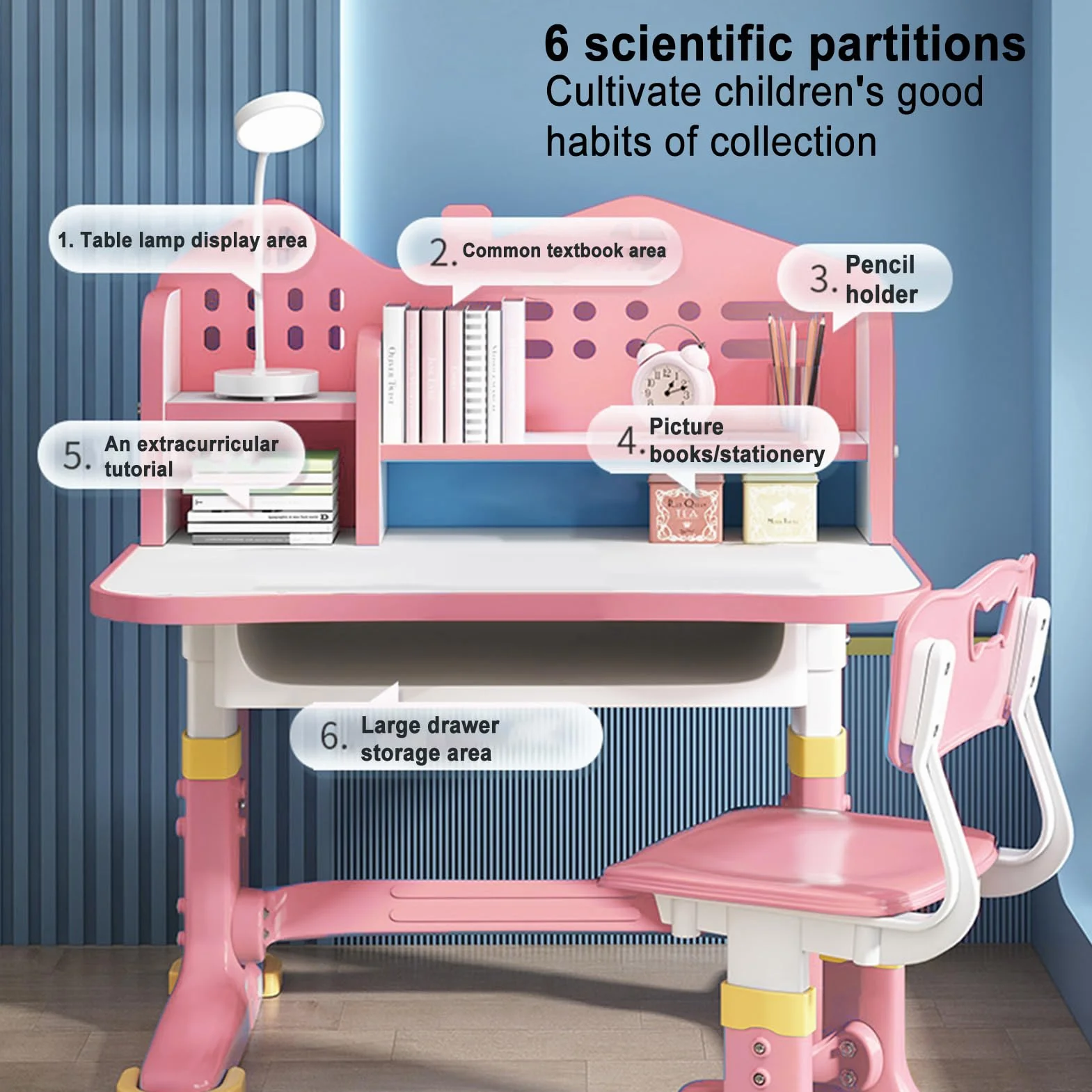Scrivania Bambini, Sedia Scrivania Bambina, Scrivania per Bambini Con Cassetto, Scrivania Bambino Altezza Regolabile (Rosa-a)