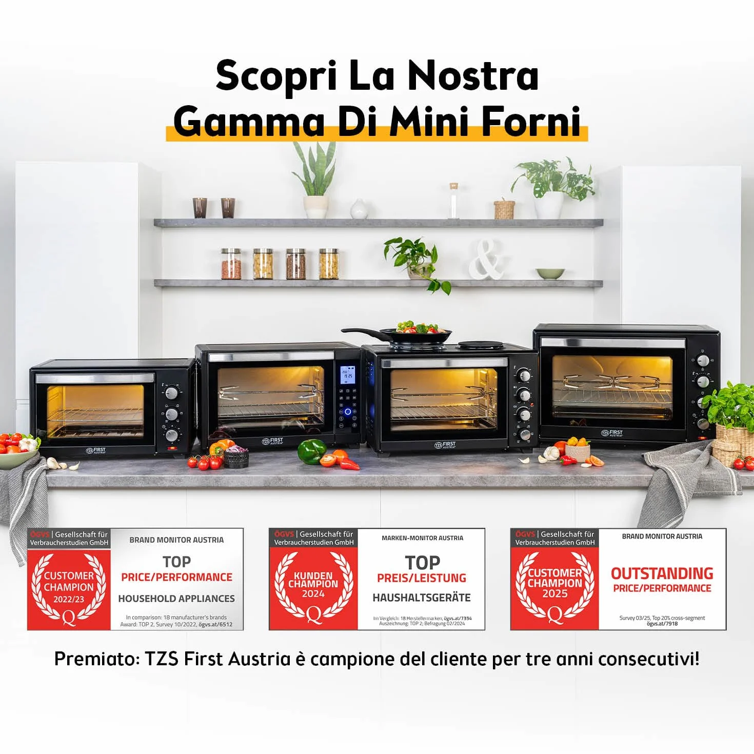 TZS First Austria - Mini Forno con fornelli 30L 3200 W - Fornetto per pizza con piastre fino a 230°C e 6 modalità di riscaldamento - Multiforno con 4 altezze di inserimento e accessori di alta qualità