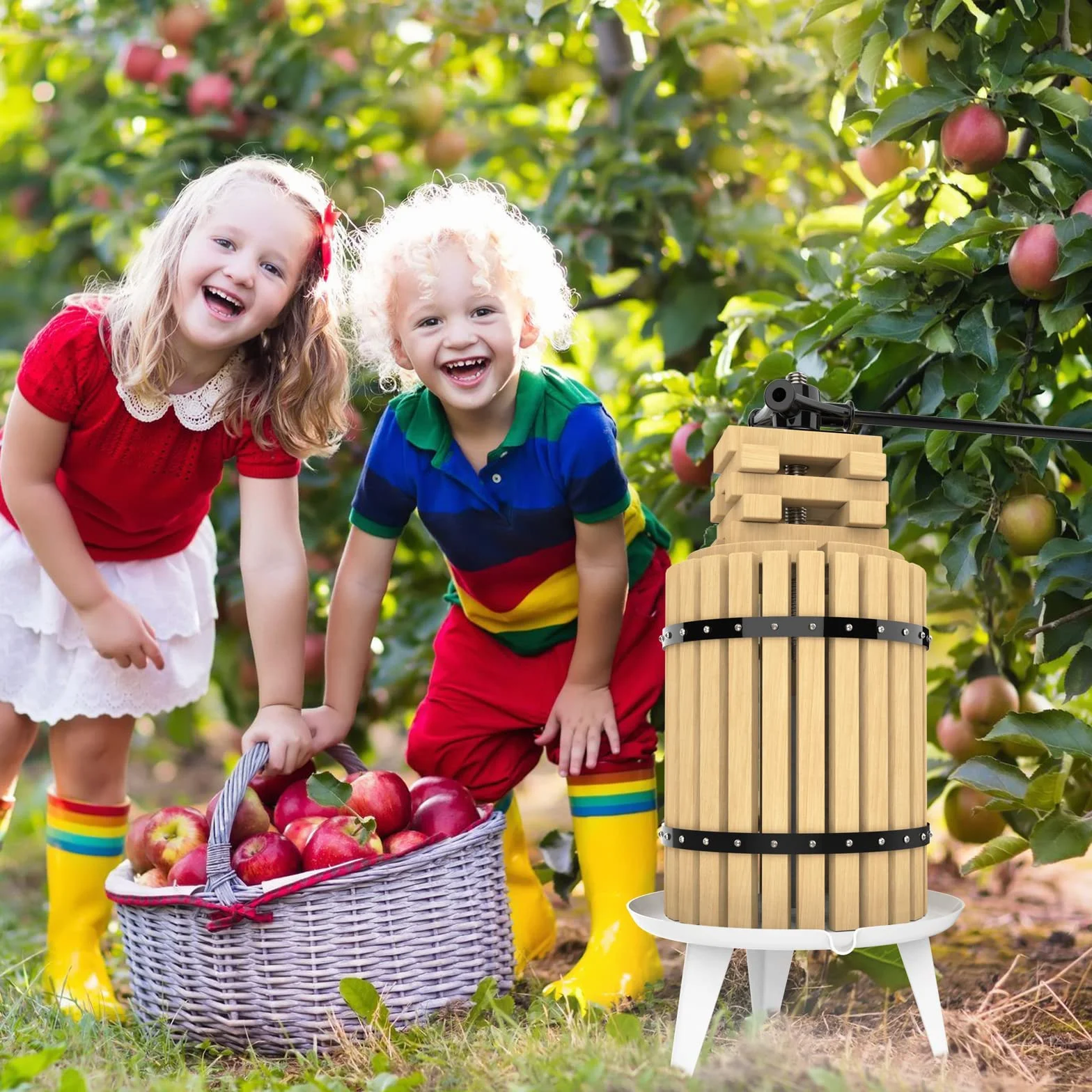 Pressa per frutta da 18 l, per la produzione di sidro, vino con cestino in legno, per succo naturale fatto in casa, uva, bacche, mela
