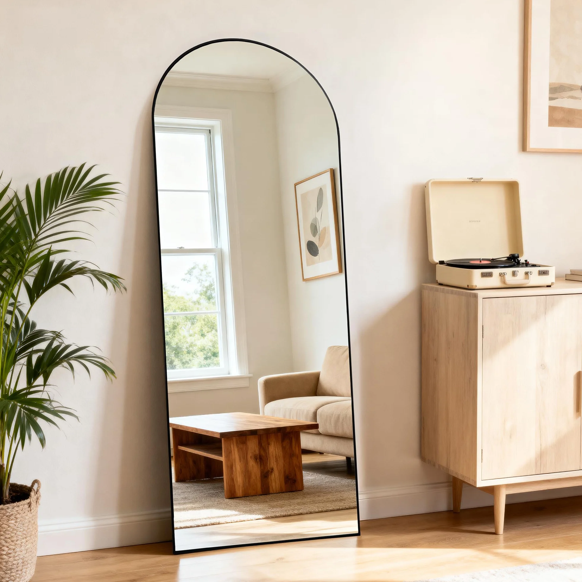 Specchio a Figura Intera 165 x 60 cm, Specchio da Terra ad Arco con Supporto, Vetro Temperato, Cornice in Lega di Alluminio, Camera da Letto Soggiorno