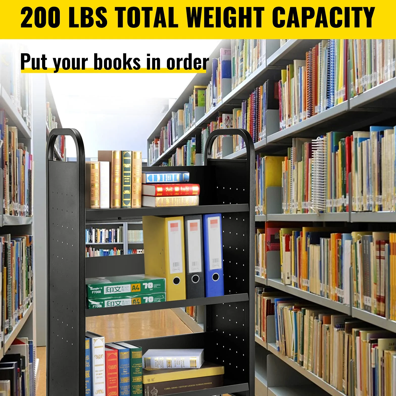 VEVOR Carrello per libri, 90,7 kg, 76 x 35 x 114 cm, ripiani inclinati a forma di V su un lato con ruote bloccabili da 10 cm, per mensole domestiche, ufficio e scuola, camion dei libri in nero