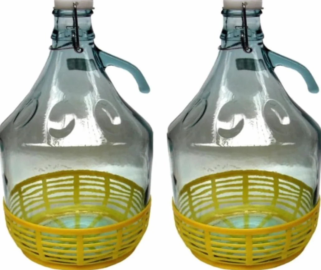 Dama Vetro 5L Damigiana Bottiglie di Vetro con Chiusura a Tappo Ermetico e Cestello per Acqua Vino Olio