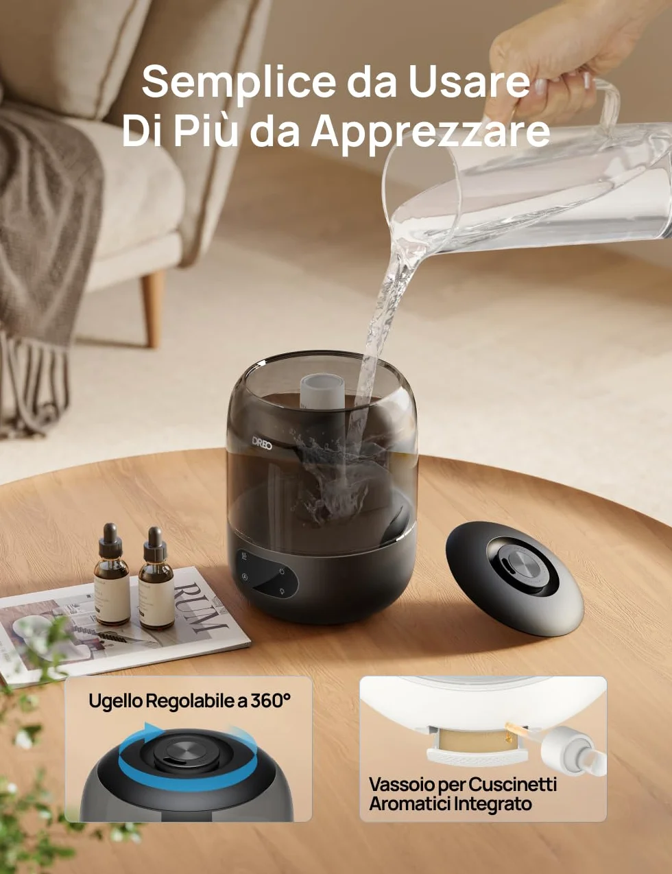 Dreo 3L Umidificatore Ambiente Bambini Silenzioso 26dB con Sensore di Umidità, Ultrasuoni Nebbia Fresca, Ugello 360°, 30h Autonomia, Diffusore Oli Essenziali, Luce Ambientale, per Casa e Piante, Nero