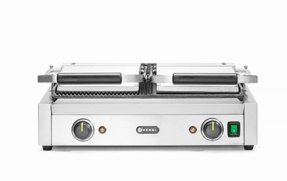 HENDI Piastra Elettrica a Contatto Doppia, Grill/Griglia Panini Professionale, Piastre Liscia e Rigata in Ghisa Smaltata, 230V, 3600W, 570x375x(H)216mm, Acciaio Inox