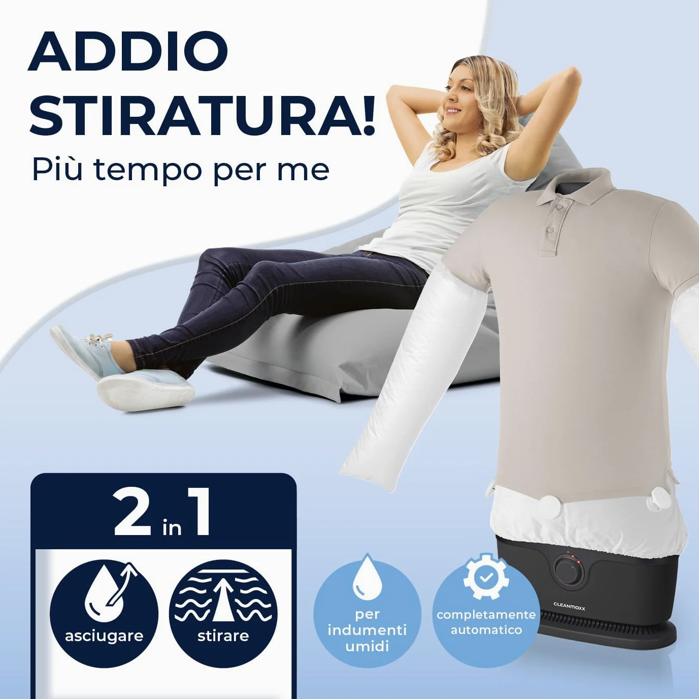 CLEANmaxx Ferro da stiro automatico per camicie PRO | Sostituisce il ferro da stiro, l'asse da stiro e la vaporiera | Ferro da stiro con manichino per camicie e bluse | Innovativo ed efficiente