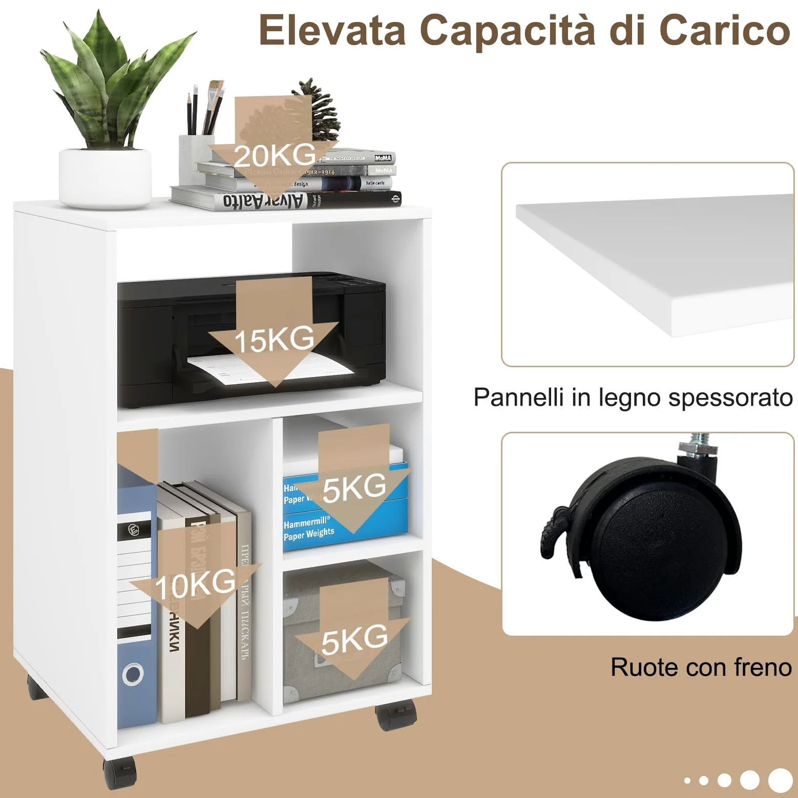 PUNCIA Mobiletto per Archivio Mobile 50x40x75 CM Armadietto Portadocumenti in Legno Schedario da Ufficio 5 Scomparti Aperti Armadio Stile Industriale per File Mobili per Ufficio e Casa (Bianco)