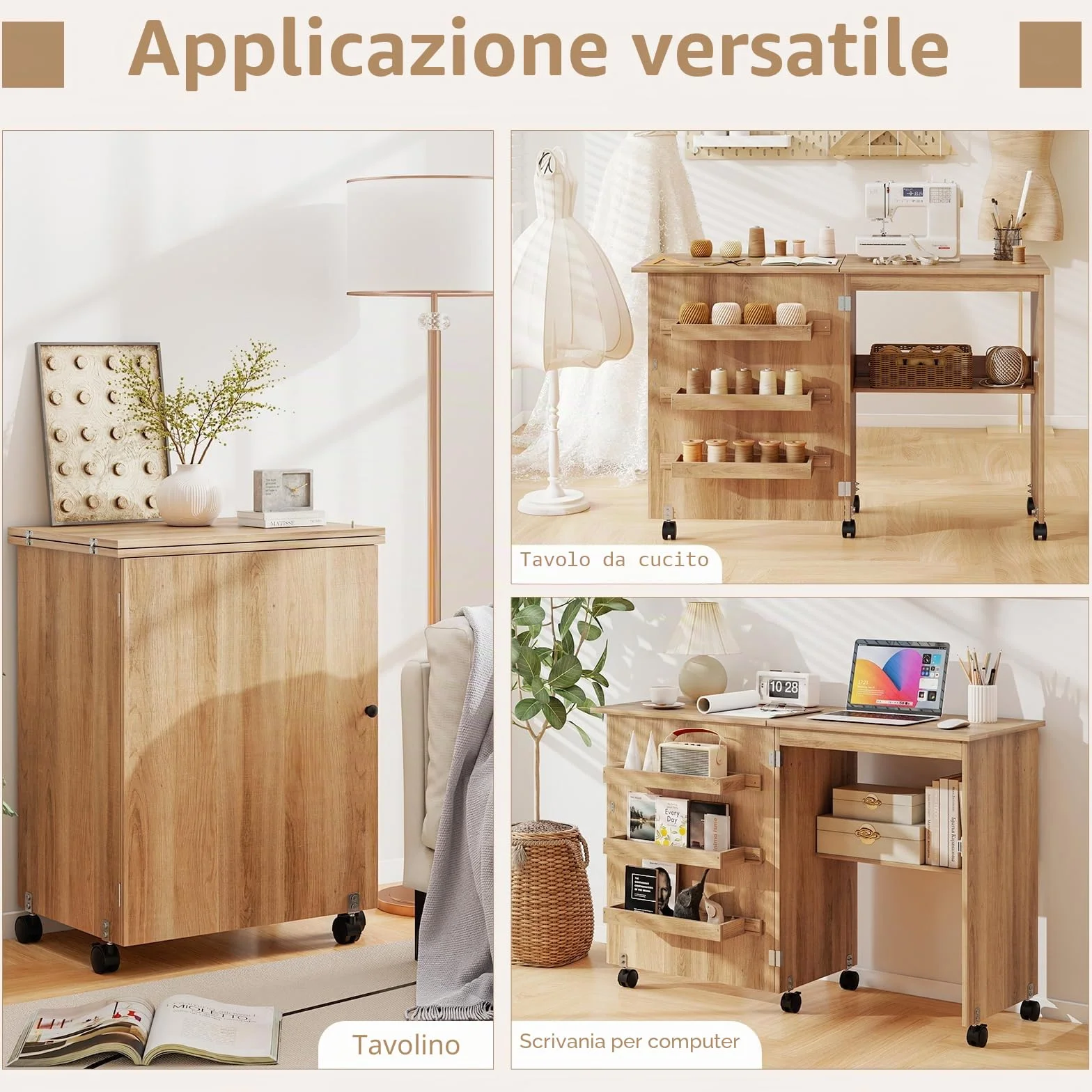 GIANTEX Tavolo da Cucito Pieghevole con Ruote, Mobile per Macchina da Cucire con 4 Ripiani Aperti e Ampio Piano di Lavoro, Ideale per Soggiorno, Camera da Letto e Sala Hobby (Naturale)