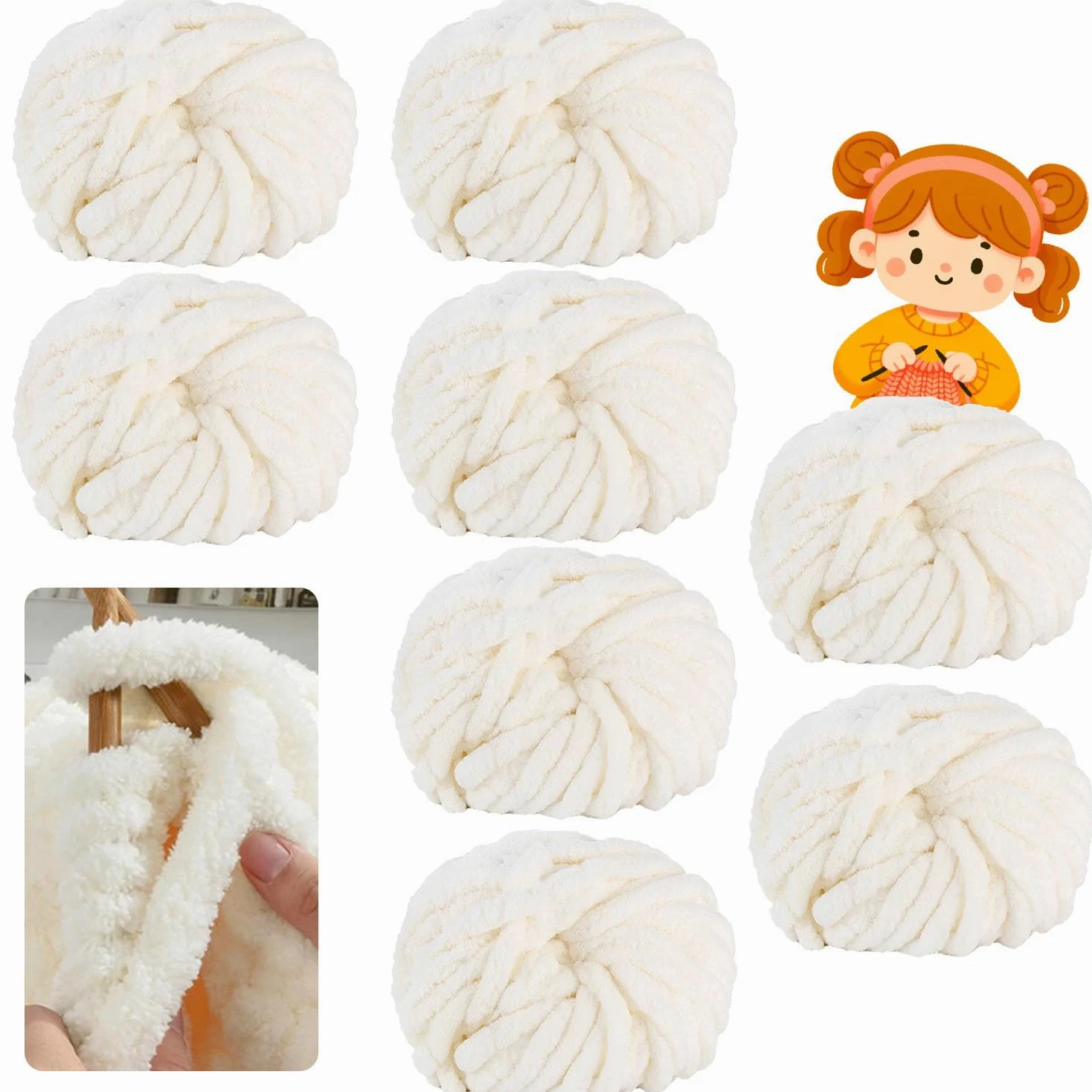 Gomitolo di lana spessa, 500 g (250 g x 2), circa 54 m, per uncinetto/maglia a mano, morbida lana XXL per uncinetto, coperte, sciarpe, cappelli, coperte, cuscini decorativi (01, bianco latte, 8 pezzi)
