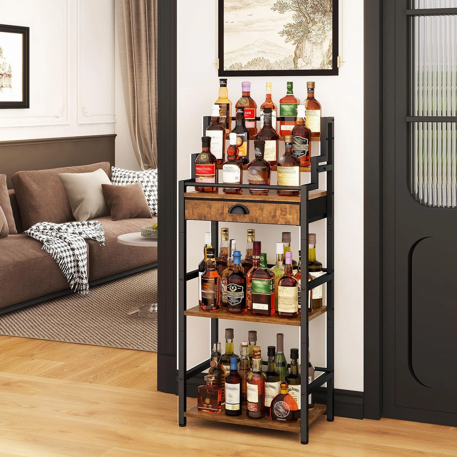 IBUYKE Portabottiglie Vino Gradini da Terra,Mobile Vino con Cassetto per Whisky,Espositore per Bottiglie di Liquori per Bar, Soggiorno, Sala da Pranzo,Marrone TMJ915H