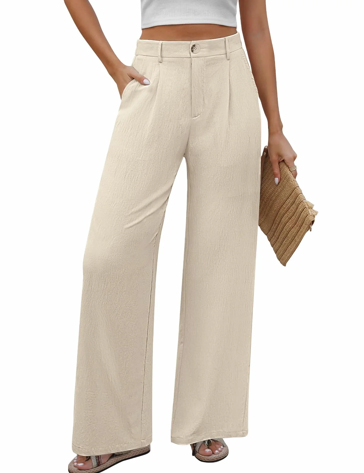 Pantaloni Donna Leggeri Eleganti Estivi Comodi Larghi | Elastico Vita, Alta Vita, Solido Sciolto, Casual, Lunghi, Bottoni, con Tasche, Pantaloni da Completo, Pantaloni Spiaggia