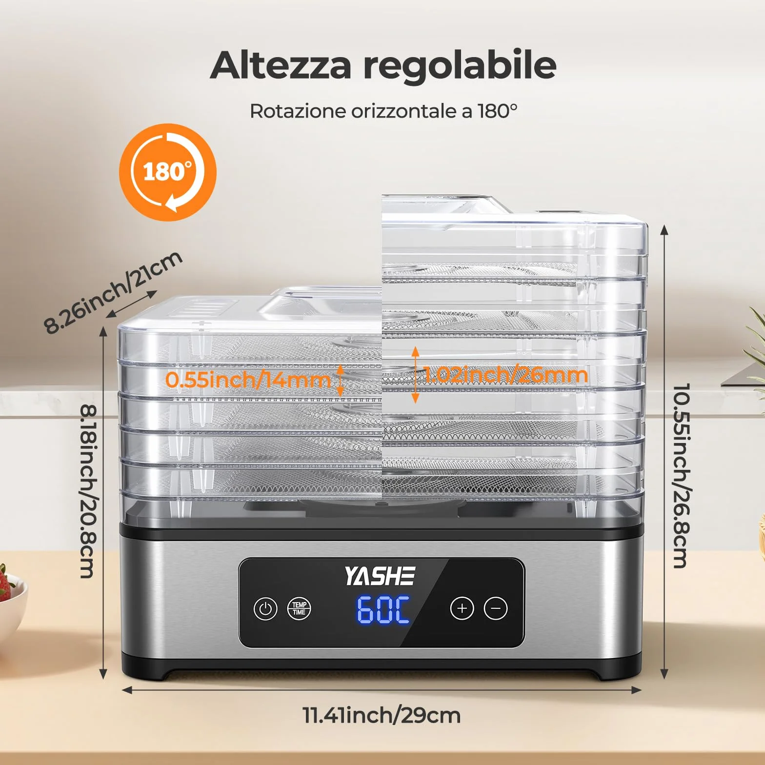 YASHE Essiccatore Alimentare, 5 Vassoi in Acciaio Inox, Timer e Temperatura Regolabili, Flusso d’Aria a 360°, Senza BPA, 400W Essiccatore Frutta e Verdura, Carne, Erbe, Snack per Cani