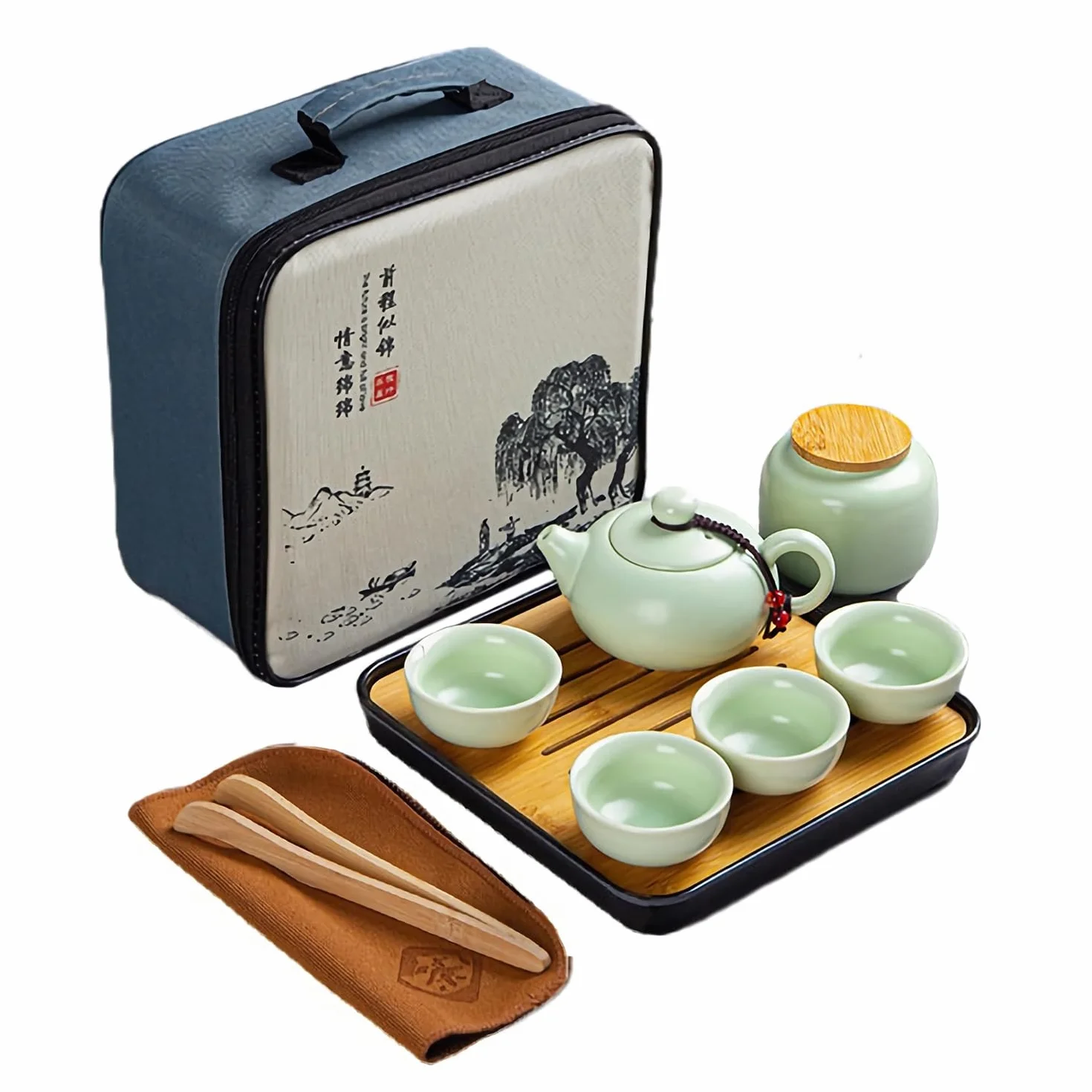 Set di Teiera Cinese Kungfu - Servizio da Tè in Ceramica con 4 Tazze, Lattina e Vassoio da Viaggio
