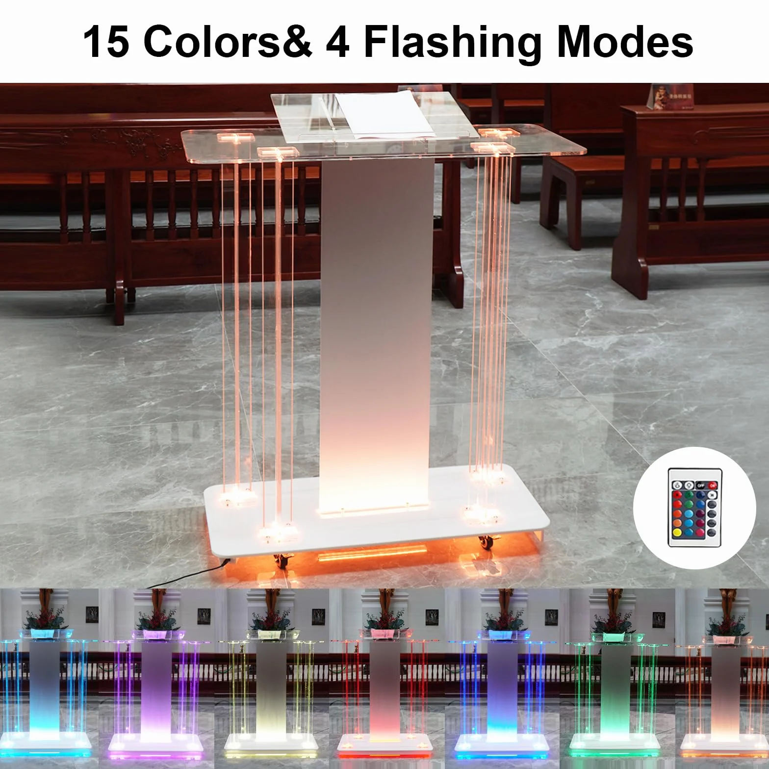 Afitdon Chiesa pulpito, in Acrilico Trasparente con Ruote e 15 Colori Regolabili, Luce a LED, in Acrilico, Grande Supporto per Chiesa, concerti, conferenze, Matrimoni, aule (40 x 17,7 x 46,6")
