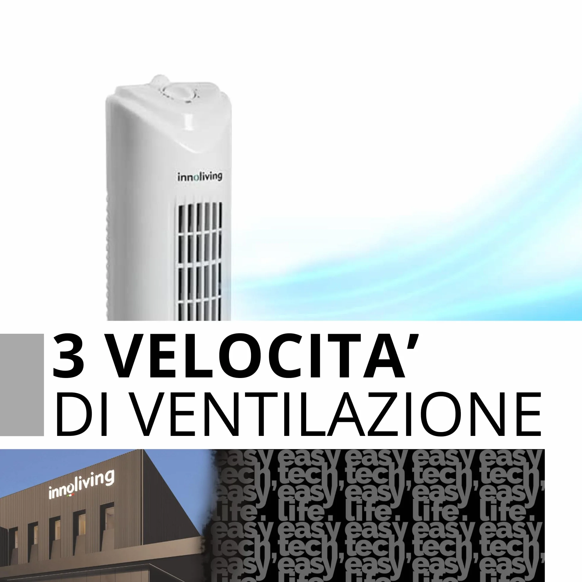 Innoliving Ventilatore a Torretta 3 Velocità INN-504 con Timer 120 Minuti, Ventilatore a Colonna con Oscillazione Automatica 90°, Potenza 45W, Altezza 78cm, Ventilatore a Torre Efficiente e Silenzioso