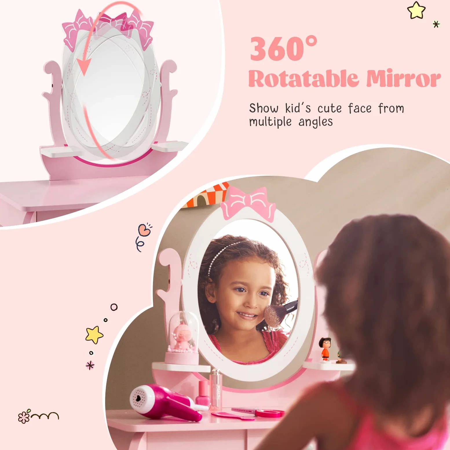 RELAX4LIFE 2 in 1 Toeletta Trucco Bambina con Specchio e Sgabello, Set Tavolo da Trucco con Specchio Rimovibile, Centro di Bellezza, Giocattolo da Trucco per Bambini dai 3 ai 7 Anni