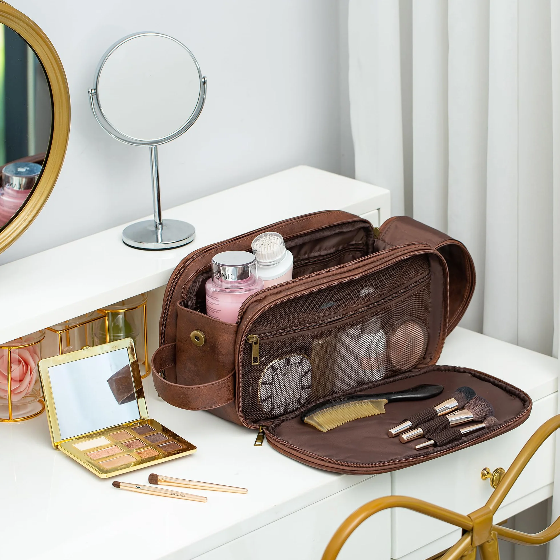 Elviros Borsa da Toilette Uomo Impermeabile in PU, Beauty Case Grande per Viaggio con Organizzatore, Borsa Igiene Personale per Palestra e Lavoro, Marrone scuro, 24 * 14 * 14cm