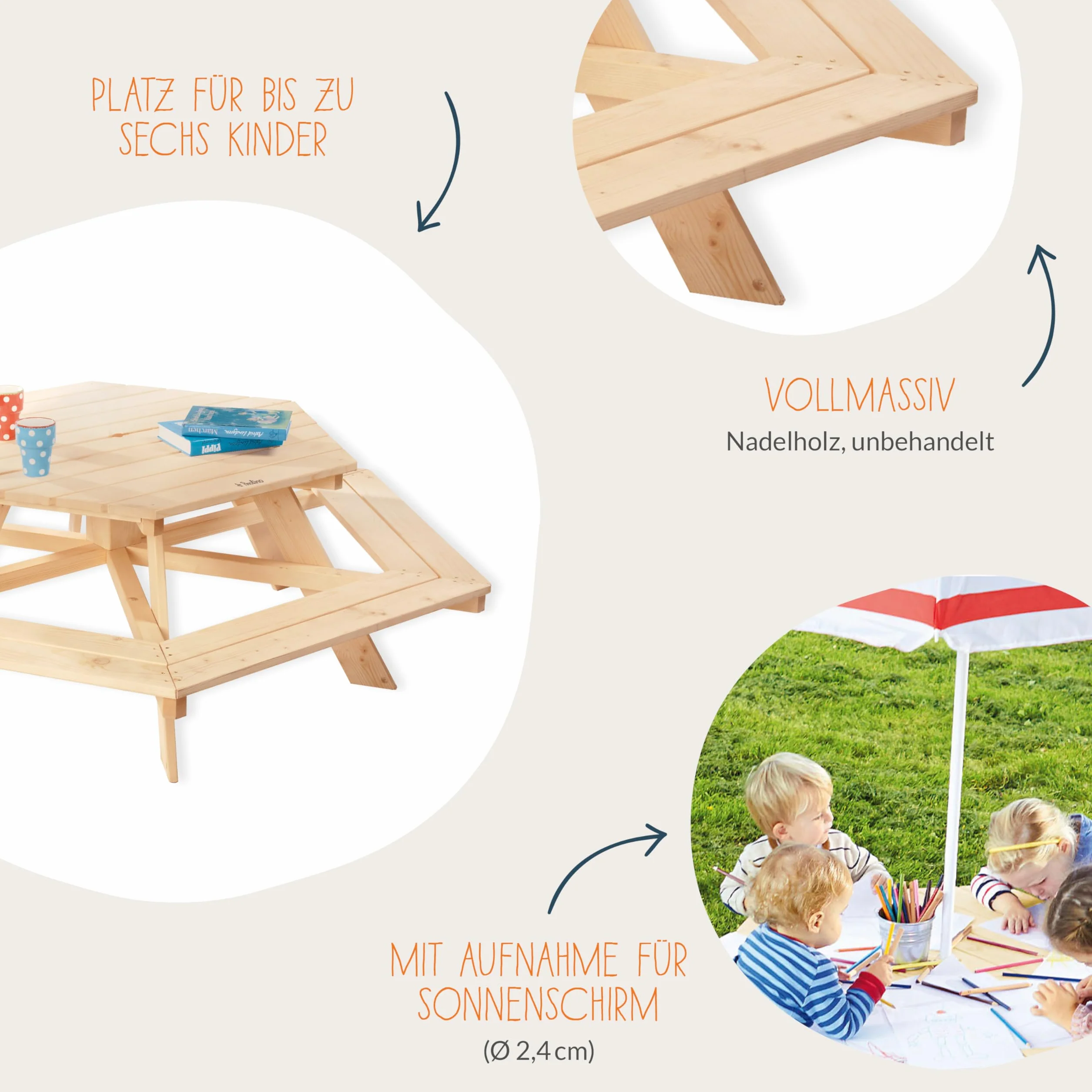Pinolino Nicki Seggiolino Esagonale Legno massello 6 panche 1 Tavolo Bambini 2 Anni Naturale