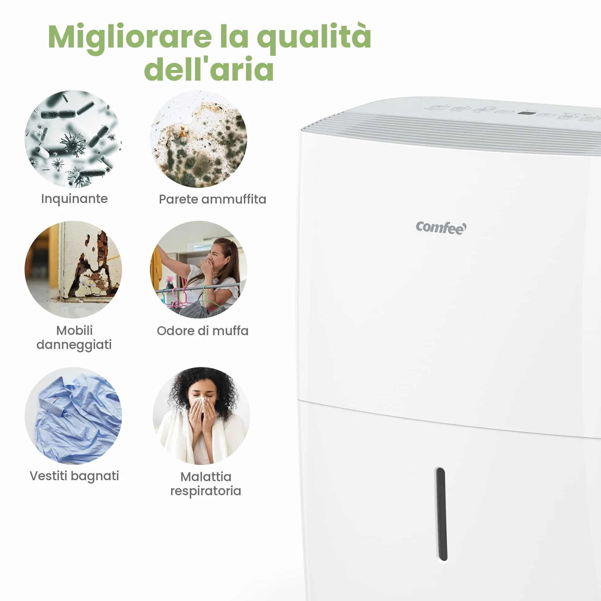 COMFEE' Deumidificatore Casa Muffa 16L/24h, Adatto fino a 32㎡, Tanica da 3L, Deumidificazione Smart, Controllo WiFi, Compatibile con Alexa, Ruote Piroettanti, Timer, MDDF-16DEN7 WF
