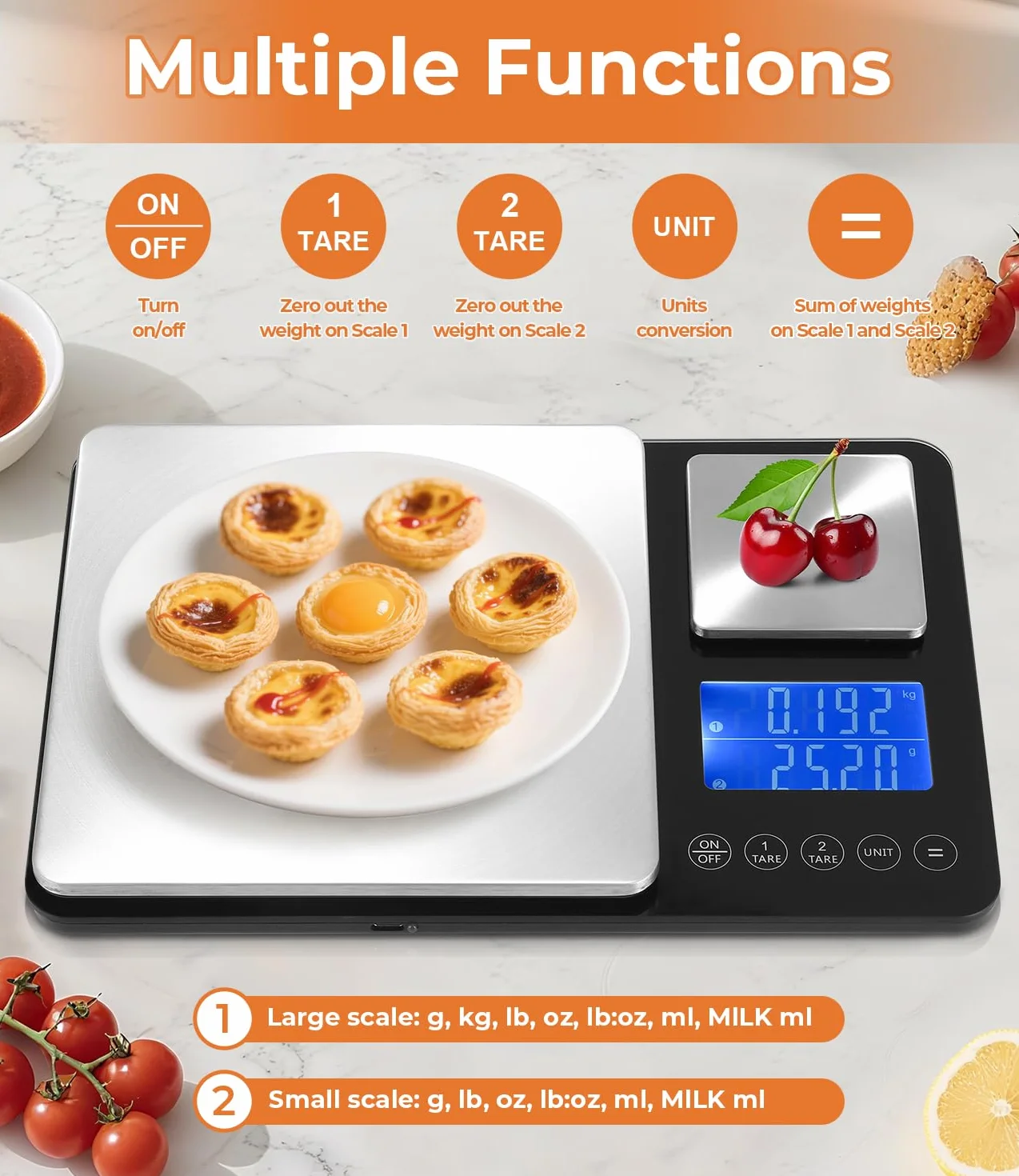 Bilancia da Cucina Digitale con Doppia Piattaforma (10kg/1g & 500g/0.01g), USB Ricaricabile & a Batterie, Acciaio Inox, Display LCD, 7 Unità, ideale per Cucina & Pasticceria