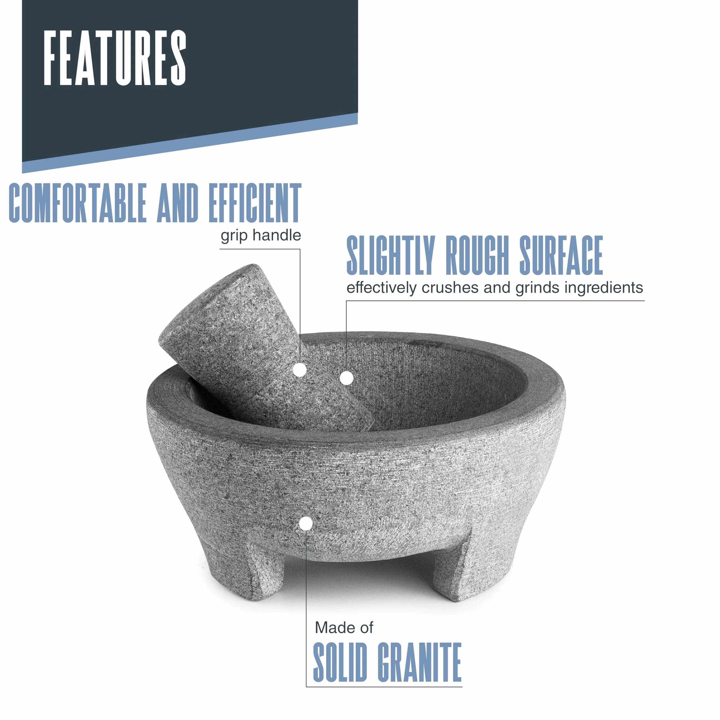 Lacor - 60515 - Mortaio Molcajete in Granito Naturale, Ø 20 cm, 850 ml, Mortaio da Cucina con Pestello in Granito, Ideale per Guacamole, Salse e Spezie, Resistente e Durevole, Grigio Scuro