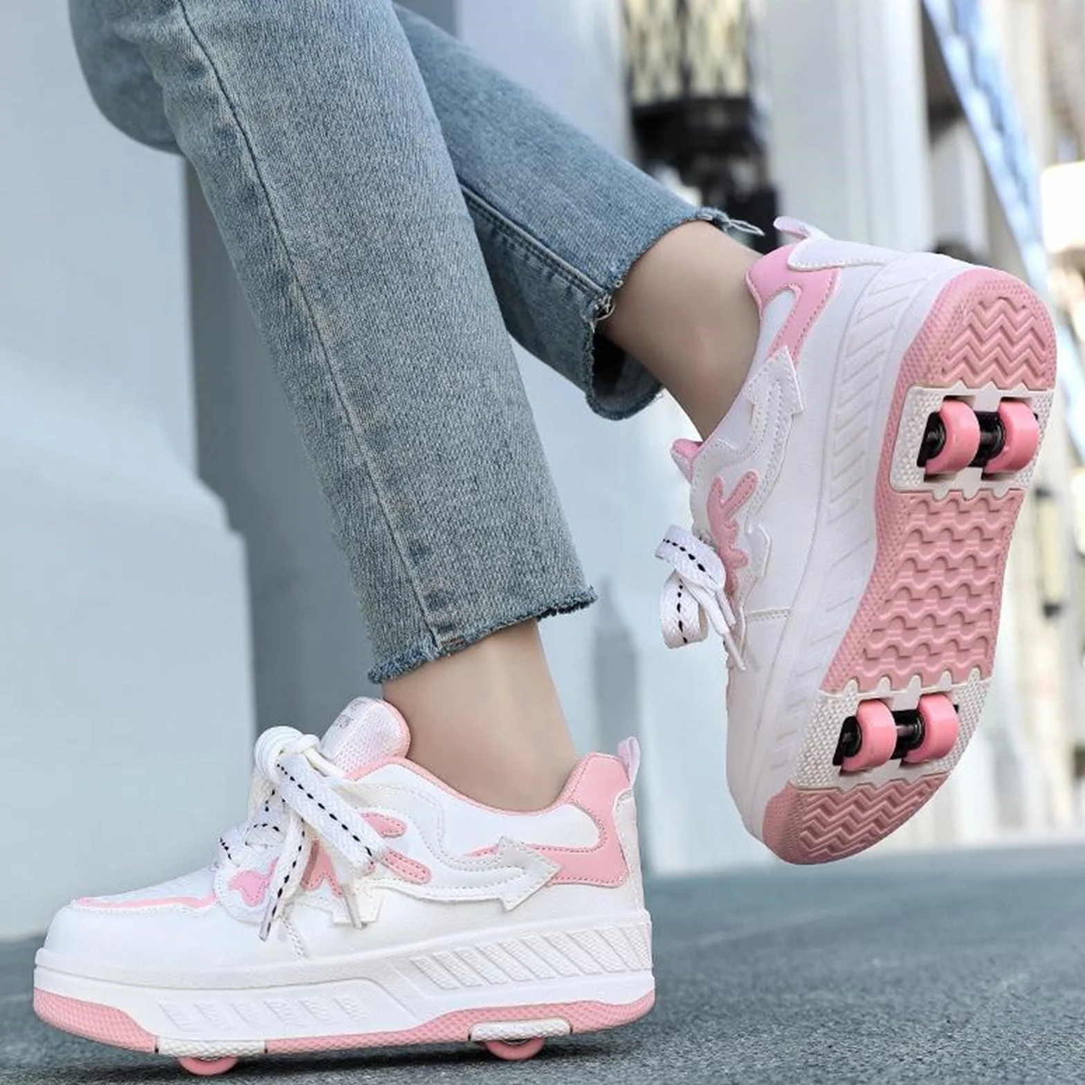 Surwin Scarpe con Rotelle Bambino, Quattro Ruote Scarpe con Ruote Posteriori Retrattili, Fiocco a Nodo Sneaker con Rotelle Bambini Ragazzo Ragazza Unisex Sneaker Skateboard Traspirante