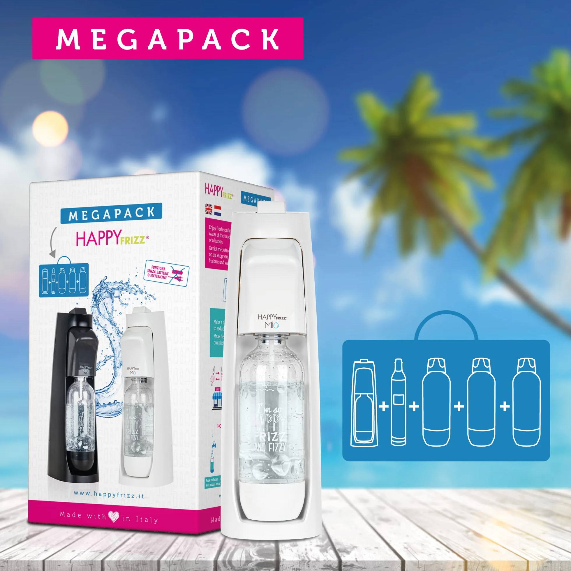 Happy Frizz GASATORE Mio Bianco Opaco - MEGAPACK - (gasatore + 3 Bottiglie Bianche)