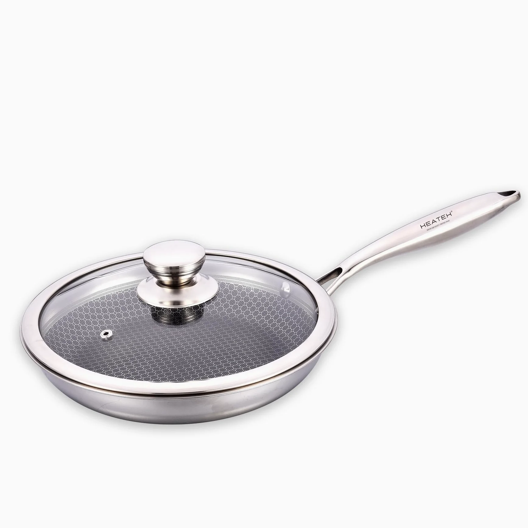 Set di 3 Padelle + Wok | Padella Antiaderente in Acciaio Inox Triplo Strato con Coperchio in Vetro | Antiaderente e Antigraffio | Adatta a tutti i Piani Cottura (HEATEK SET)