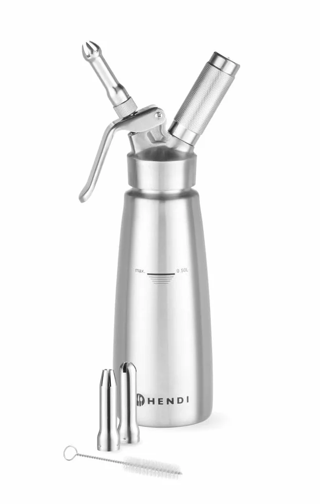 Hendi Sifone per cucina, set di 3 ugelli erogatori ed una spazzolina per la pulizia, per panna montata, mousse, dessert, sifone per panna montata, 0,5L, ø85x(H)235mm, acciaio inox, 0.5L