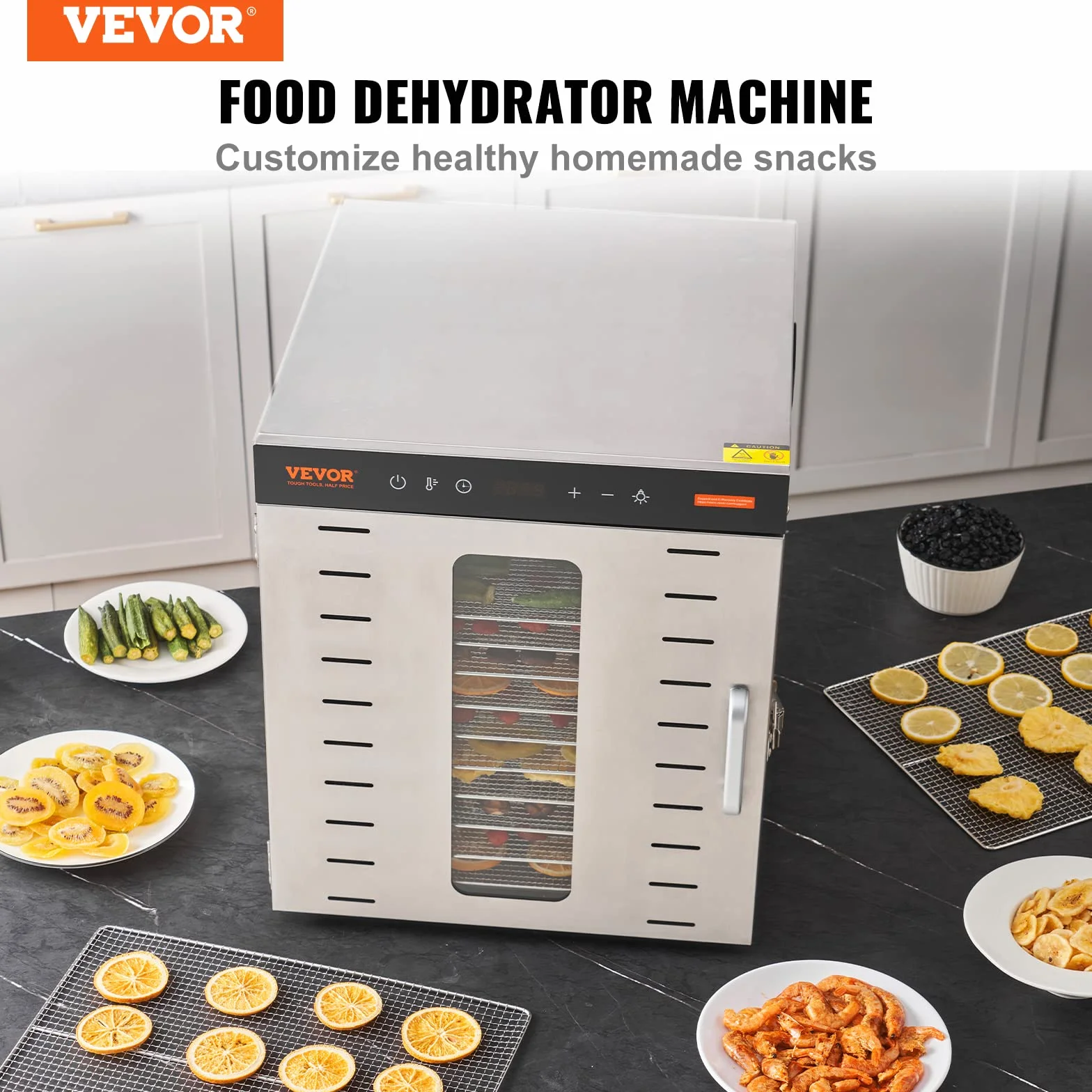 VEVOR Essiccatore Elettrico 1000W per Alimenti in Acciaio Inox 10 Vassoi Estraibili Tempo Temperatura Regolabile 30-90 ℃ Aria Circolata 360°, Macchina Essiccatrice Alimentare Domestica 46x42x46,5 cm